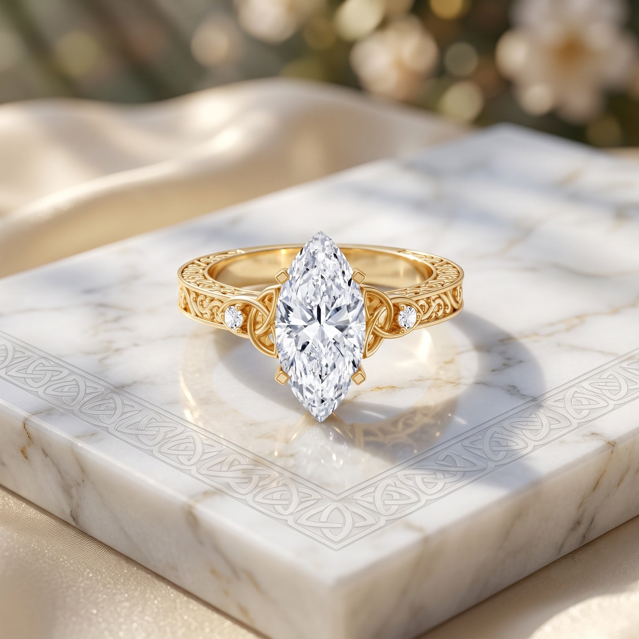 Antique Looking 3 Carat Marquise Lab Diamond Celtic Knot Engagement Ring IGI Certified Lab - ( E-VS1 ) - Rosec Jewels