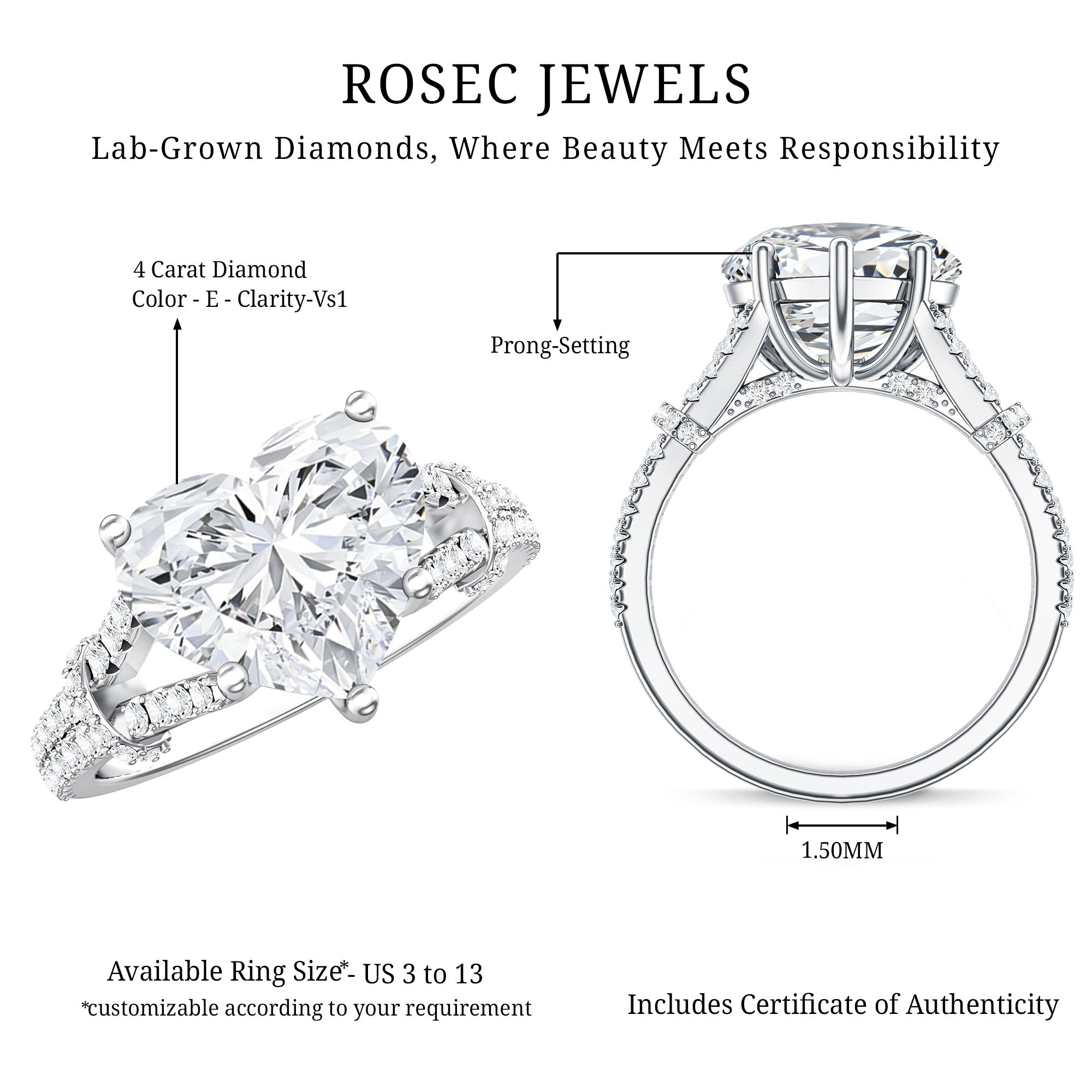 Rosec Jewels-IGI Certified 4 Carat Big Heart Lab Grown Diamond Split Shank Engagement Ring