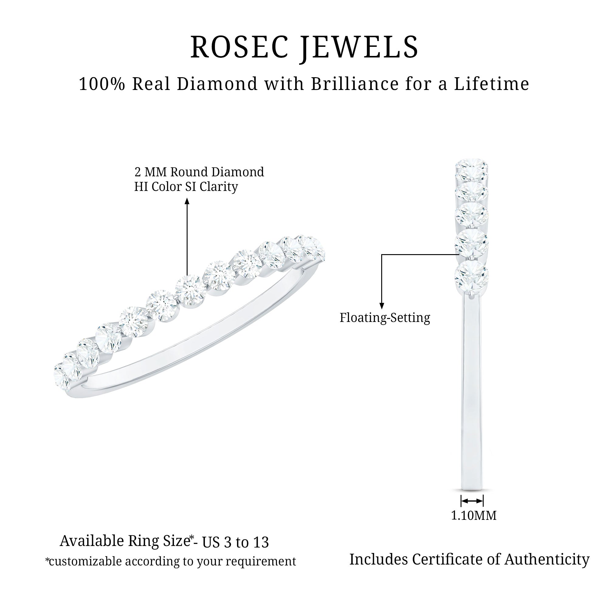 Natural Diamond Half Eternity Stackable Ring Natural - ( HI-SI ) - Rosec Jewels
