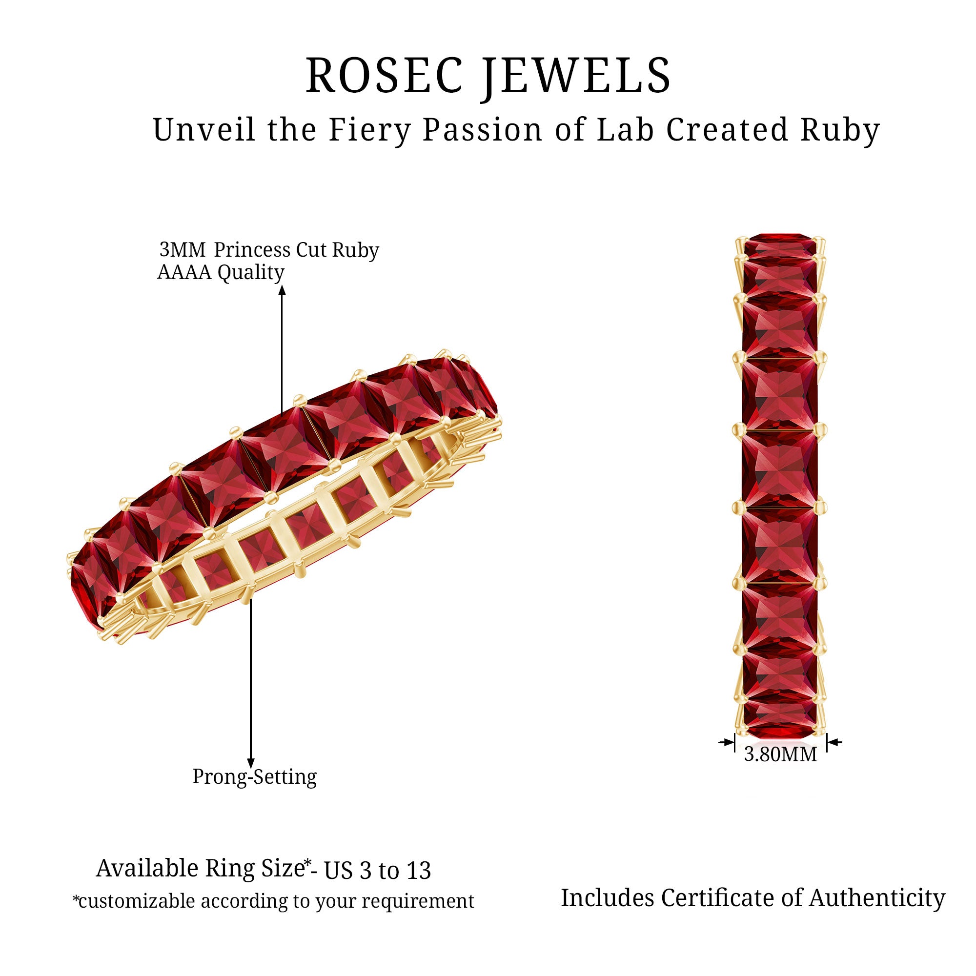 Rosec Jewels-Princess Cut Lab Grown Ruby Eternity Wedding Band for Women