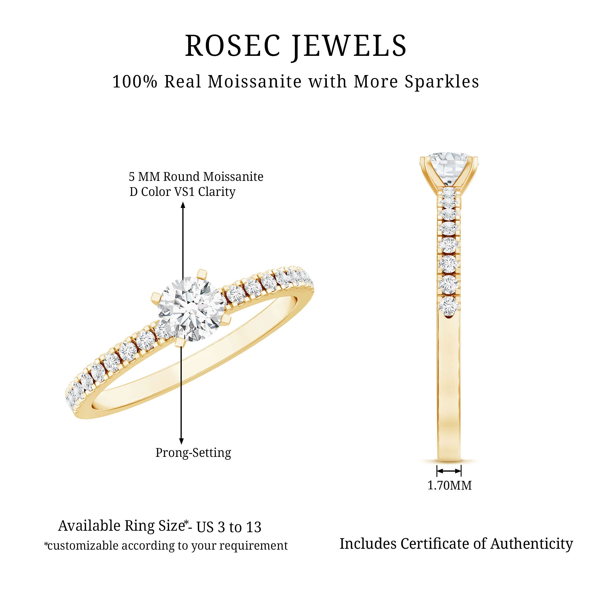 Moissanite Minimal Engagement Ring with Side Stone D-VS1 - Rosec Jewels