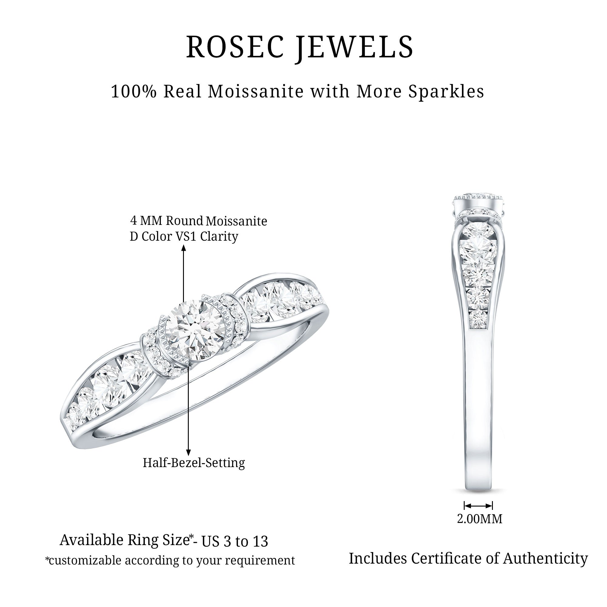 Rosec Jewels-Vintage Style Moissanite Engagement Ring for Women