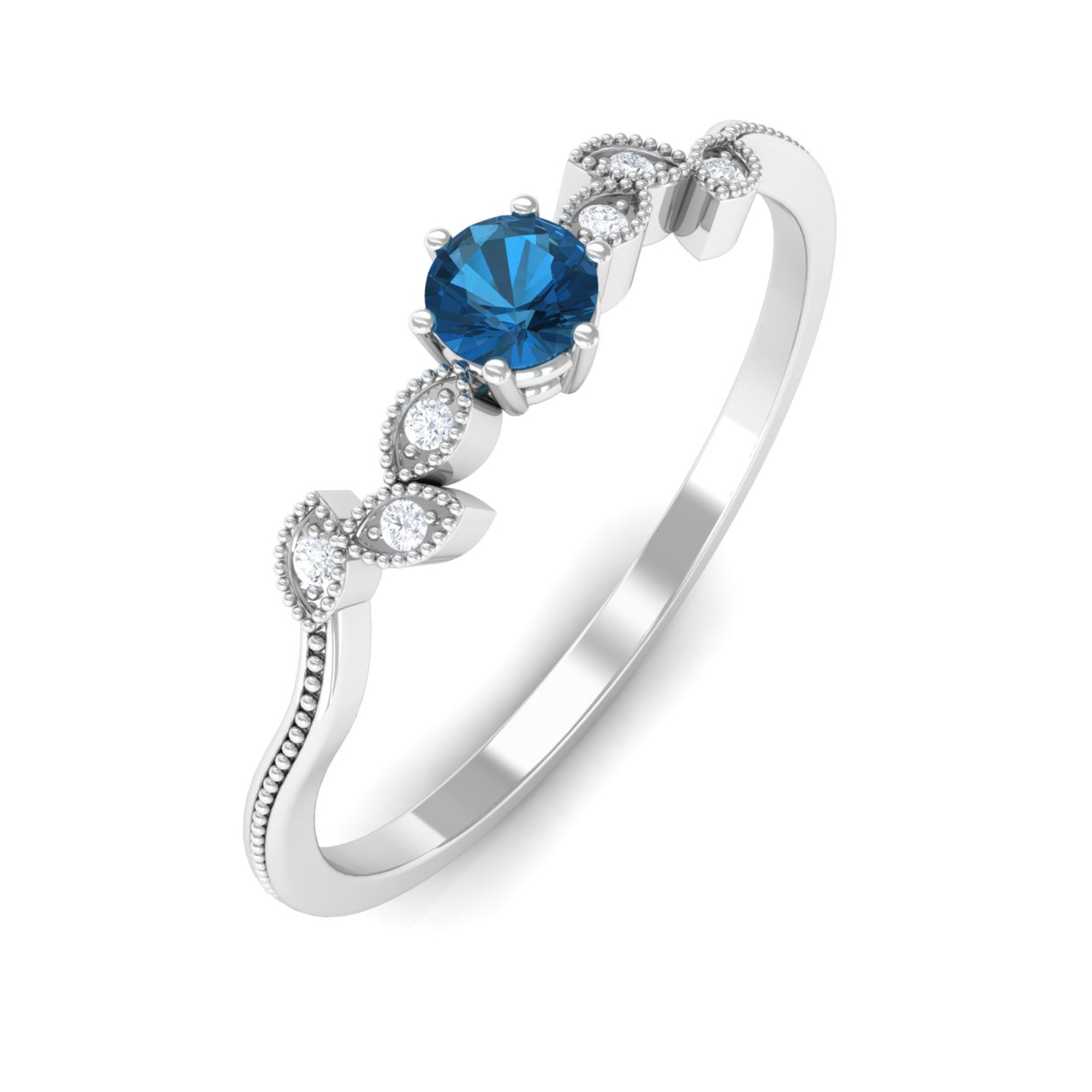London Blue Topaz Leaf Inspired Solitaire Promise Ring with Beaded Details London Blue Topaz - ( AAA ) - Quality - Rosec Jewels