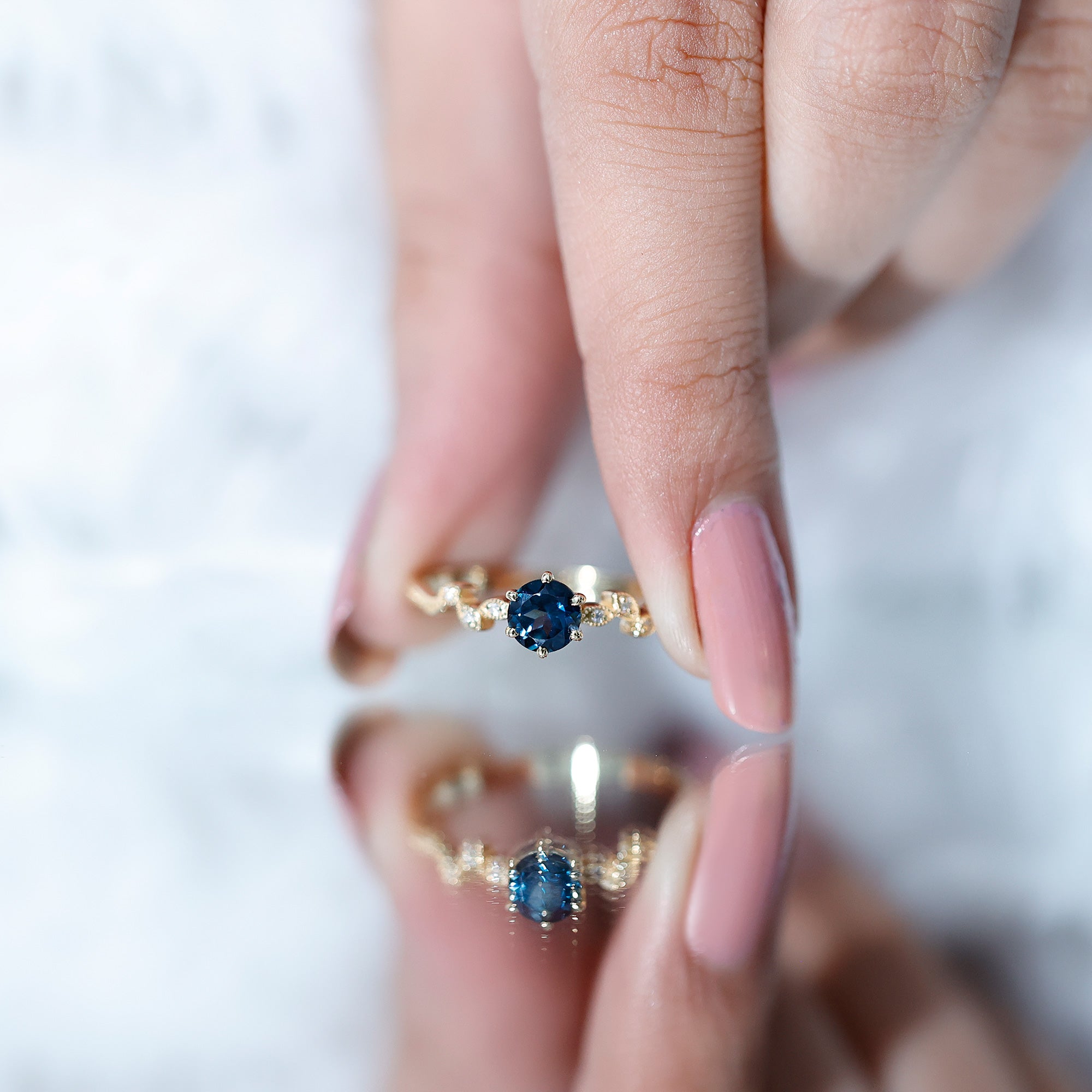 5mm Round London Blue Topaz Commitment Ring with Diamond AAA - Rosec Jewels