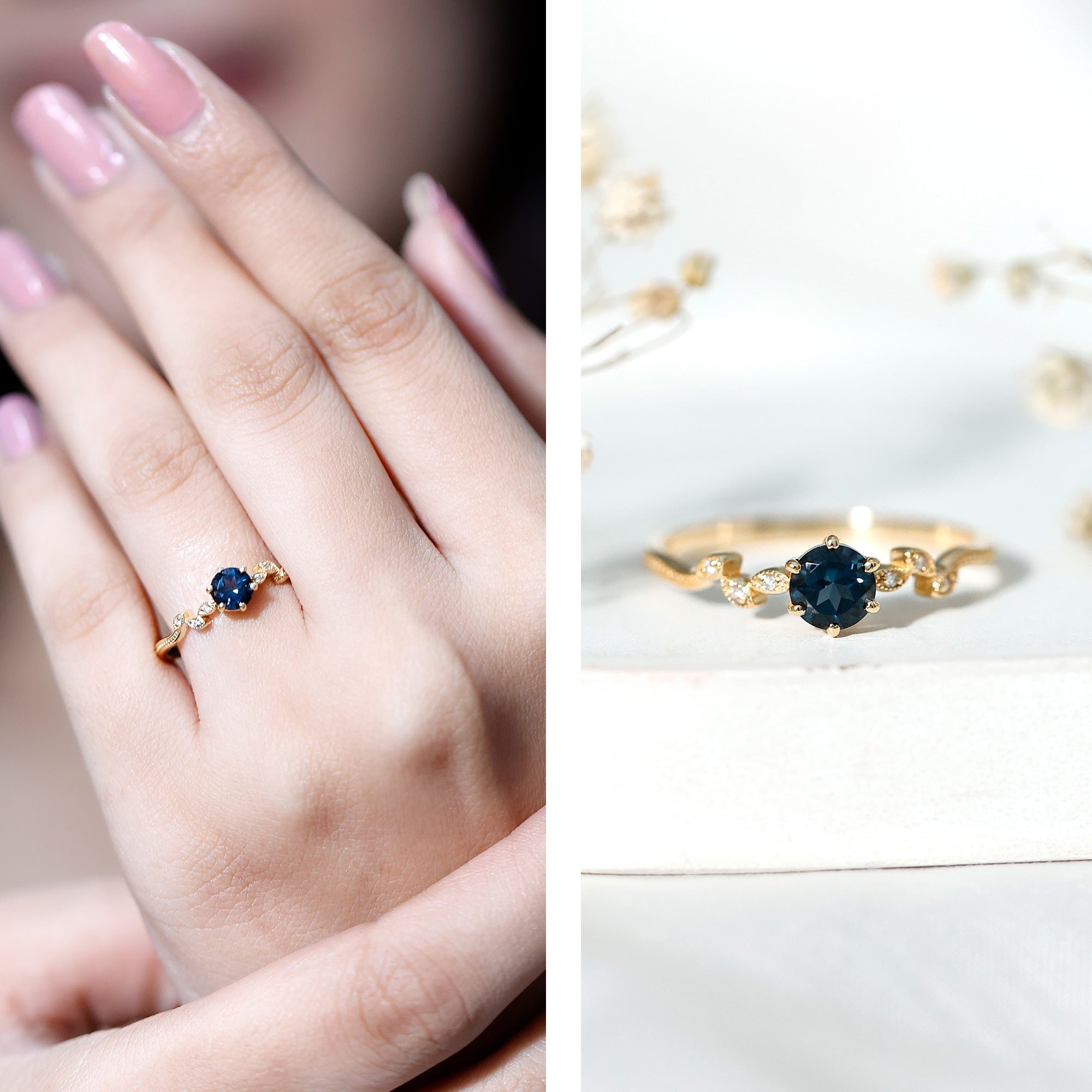 5mm Round London Blue Topaz Commitment Ring with Diamond AAA - Rosec Jewels