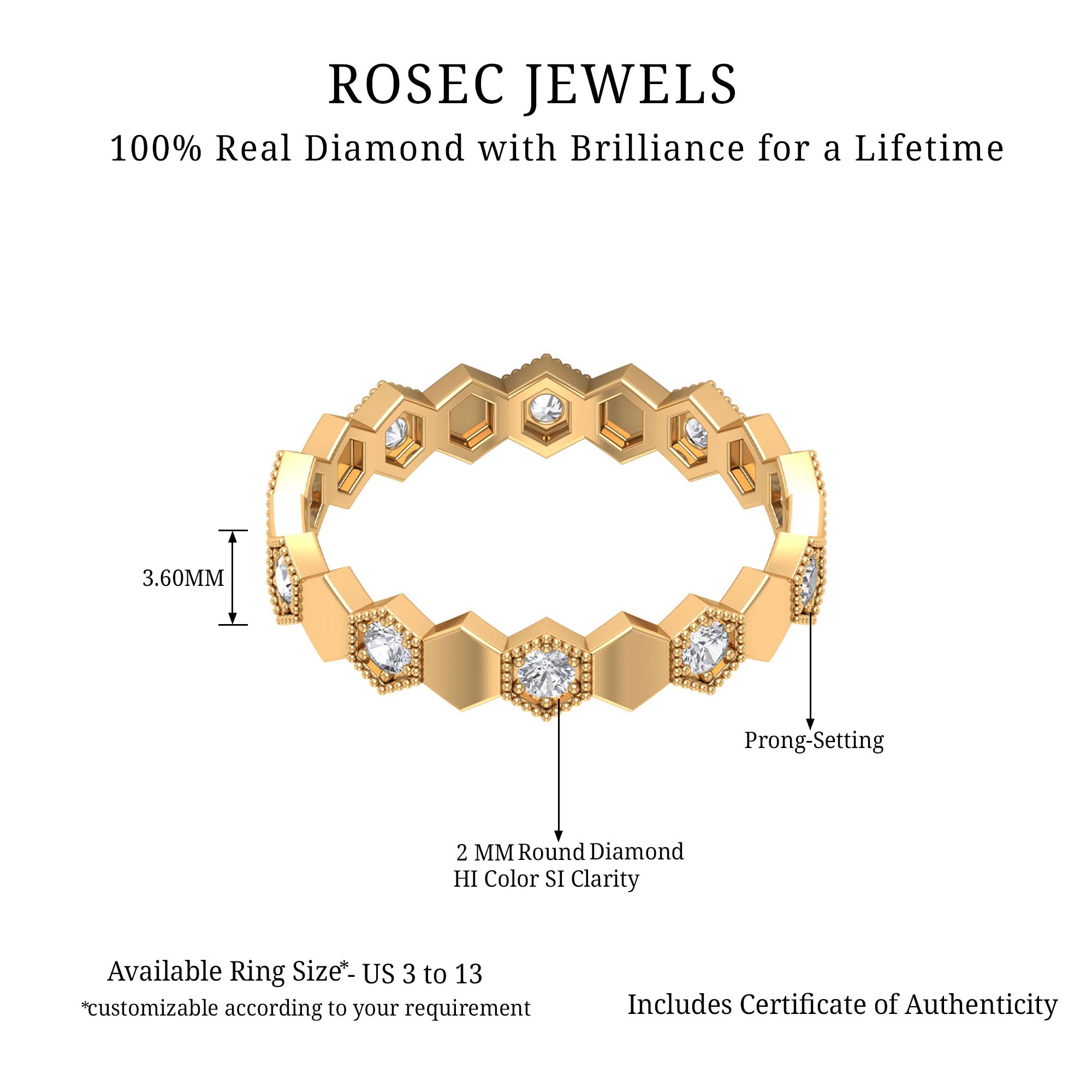 Diamond and Gold Geometric Band Ring Diamond - ( HI-SI ) - Color and Clarity - Rosec Jewels