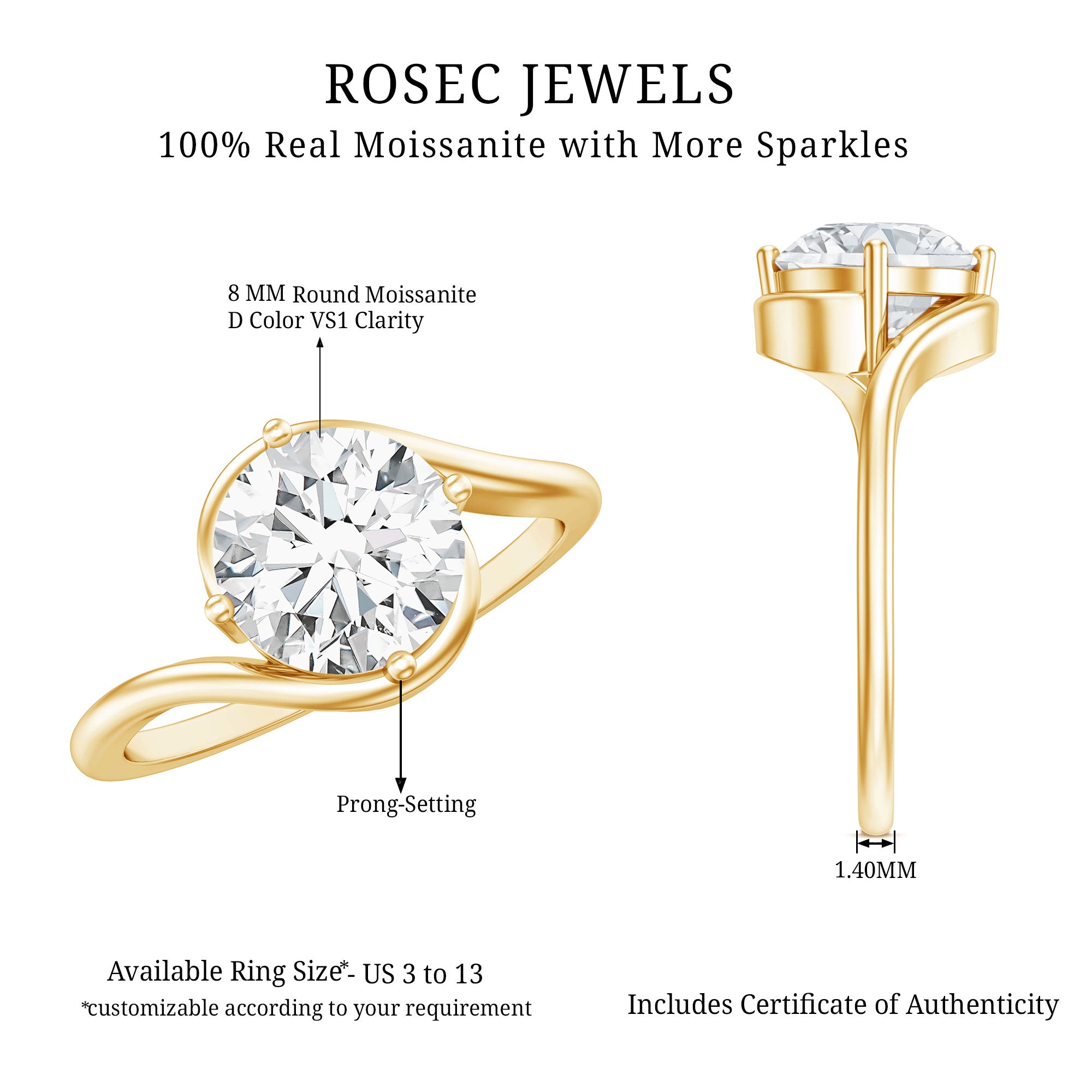 Rosec Jewels-Round Cut 8 MM Moissanite Solitaire Engagement Ring in Bypass Shank