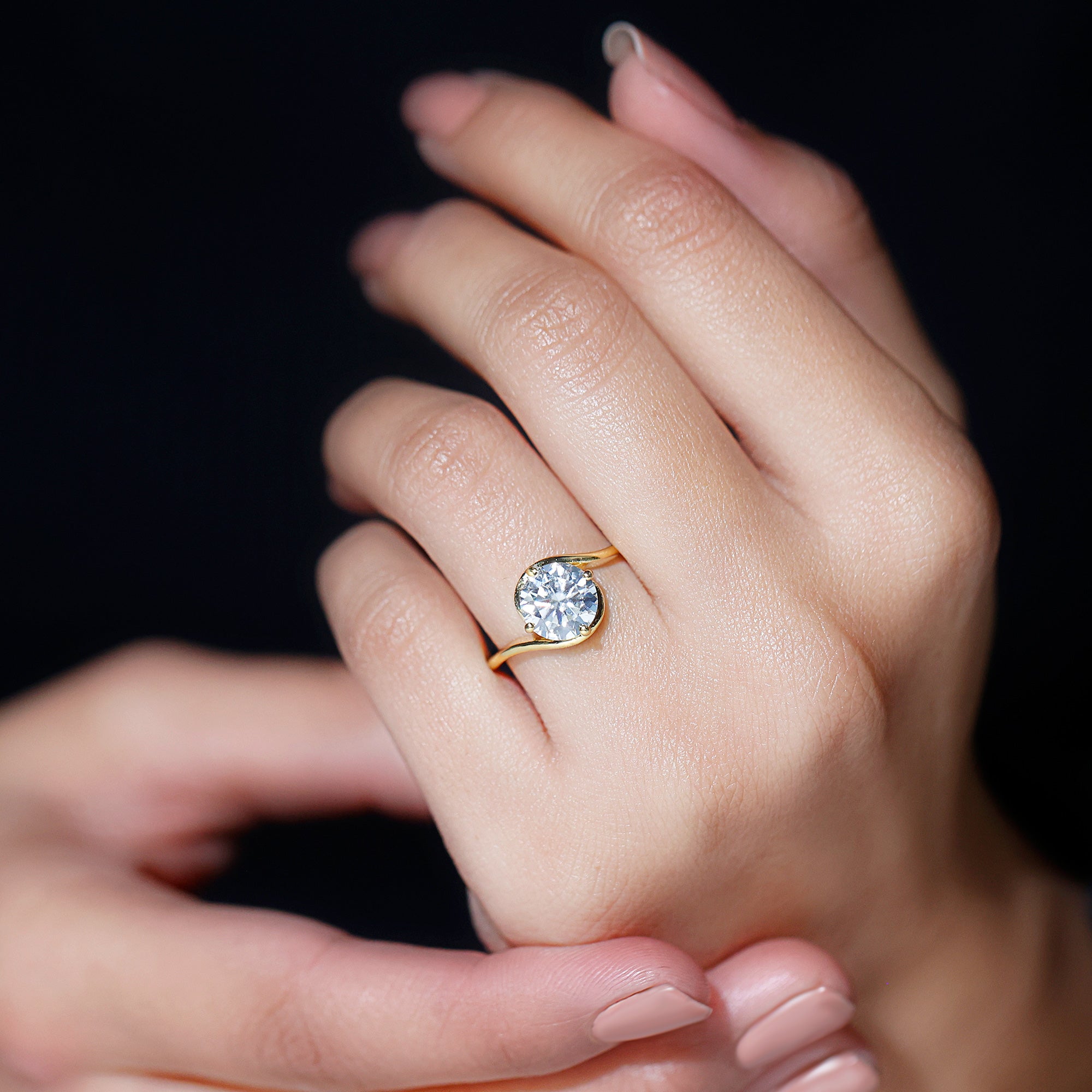 Rosec Jewels-Round Cut 8 MM Moissanite Solitaire Engagement Ring in Bypass Shank
