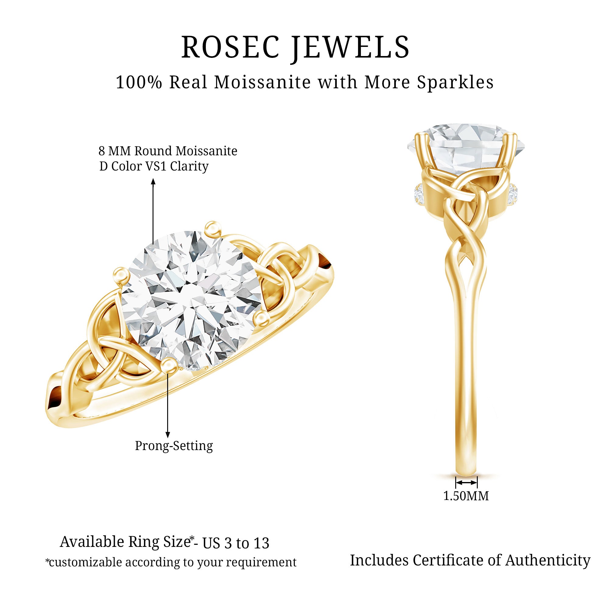 Rosec Jewels-Round Moissanite Solitaire Engagement Ring with Celtic Details