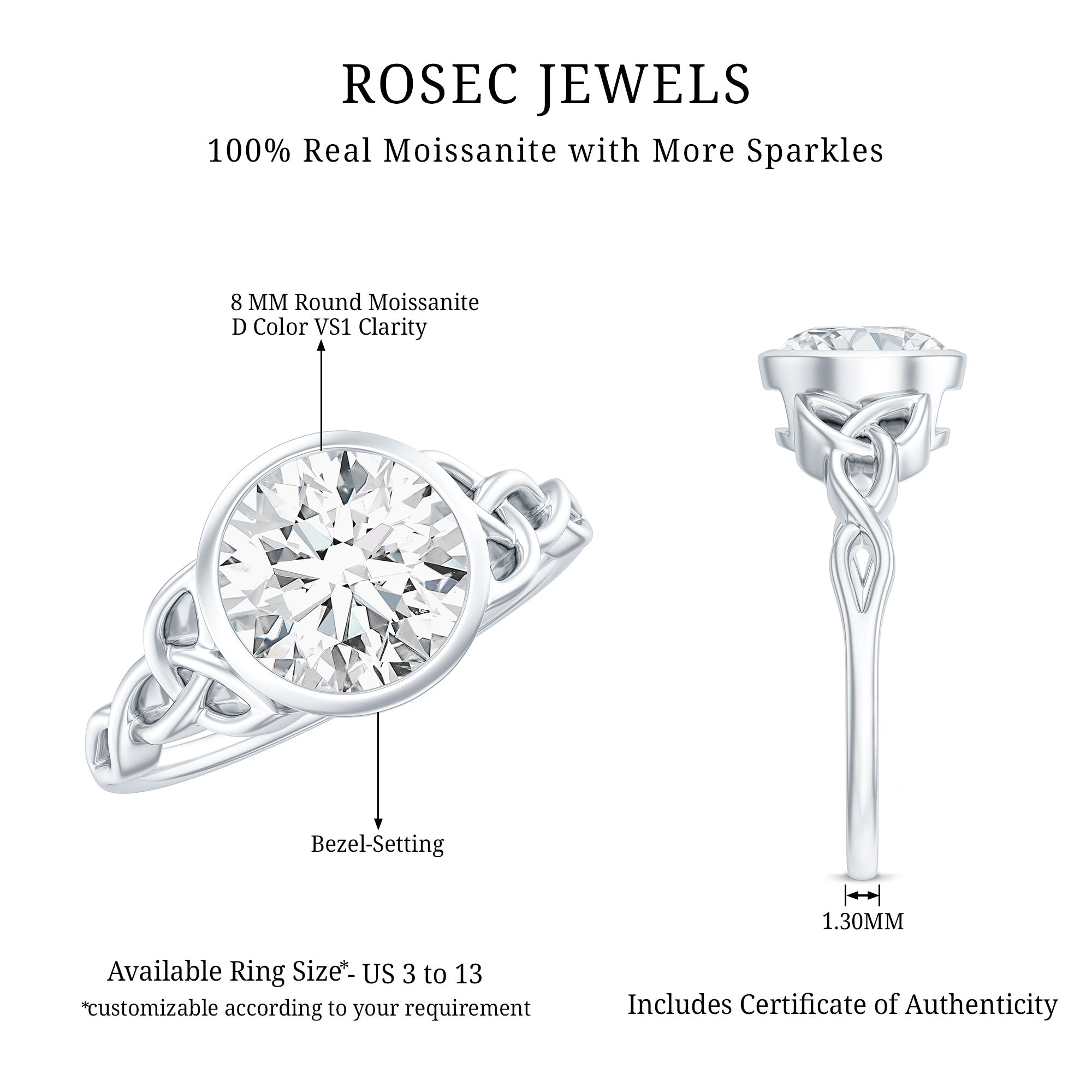 Rosec Jewels-Solitaire Moissanite Celtic Knot Engagement Ring in Bezel Setting