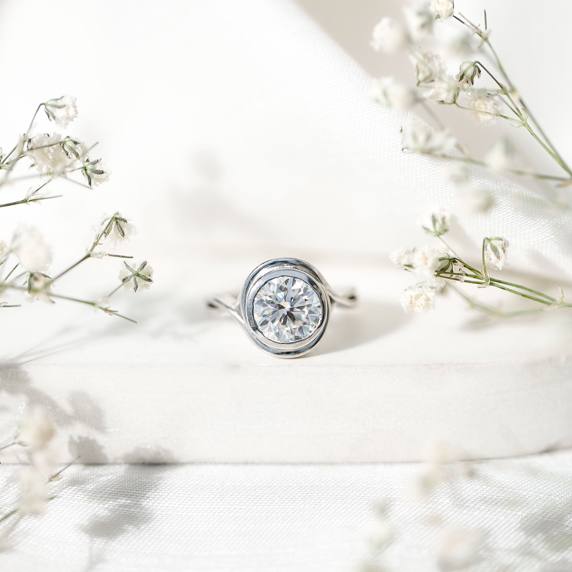 Certified Moissanite Bezel Set Engagement Ring with Crossover Shank D-VS1 - Rosec Jewels