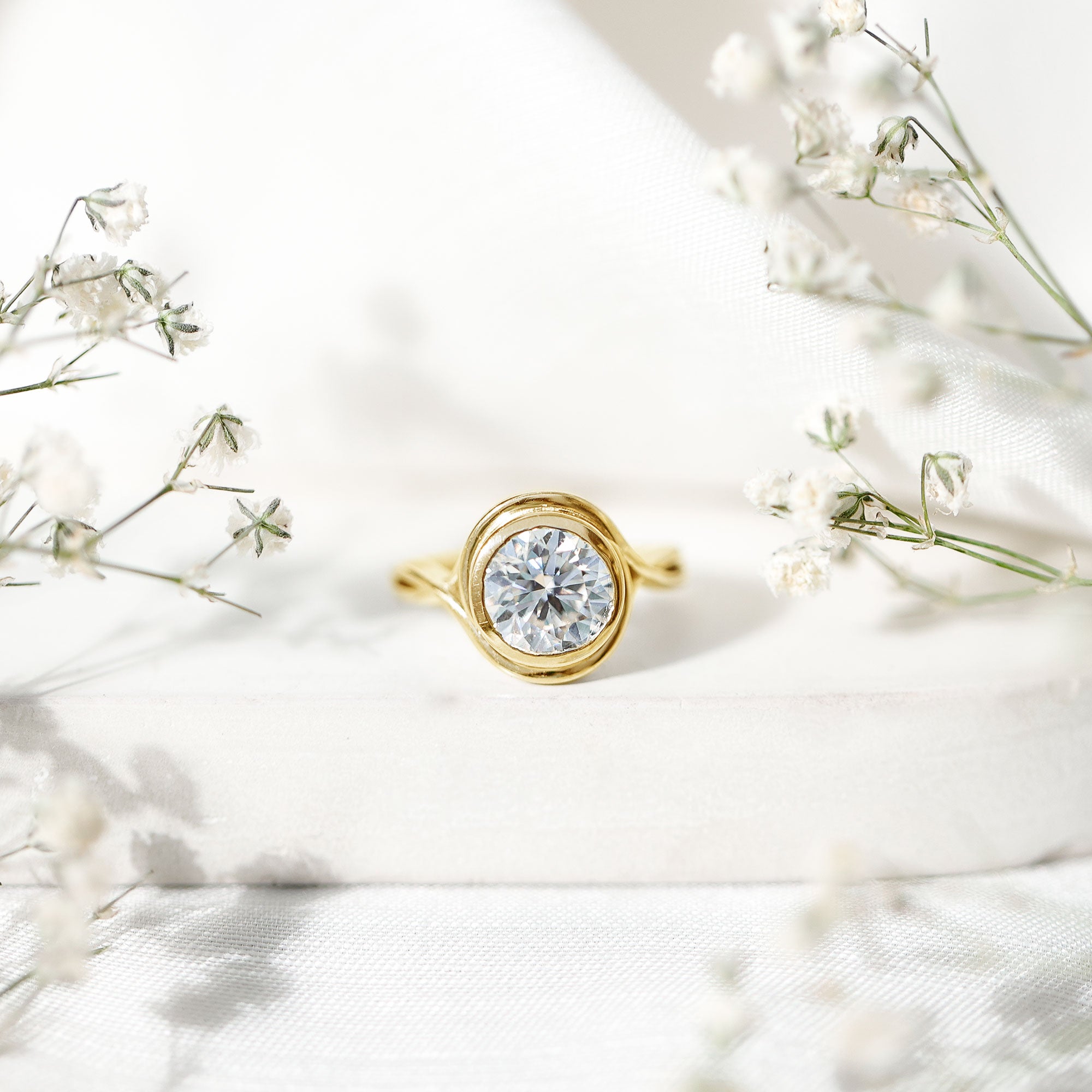 Certified Moissanite Bezel Set Engagement Ring with Crossover Shank D-VS1 - Rosec Jewels