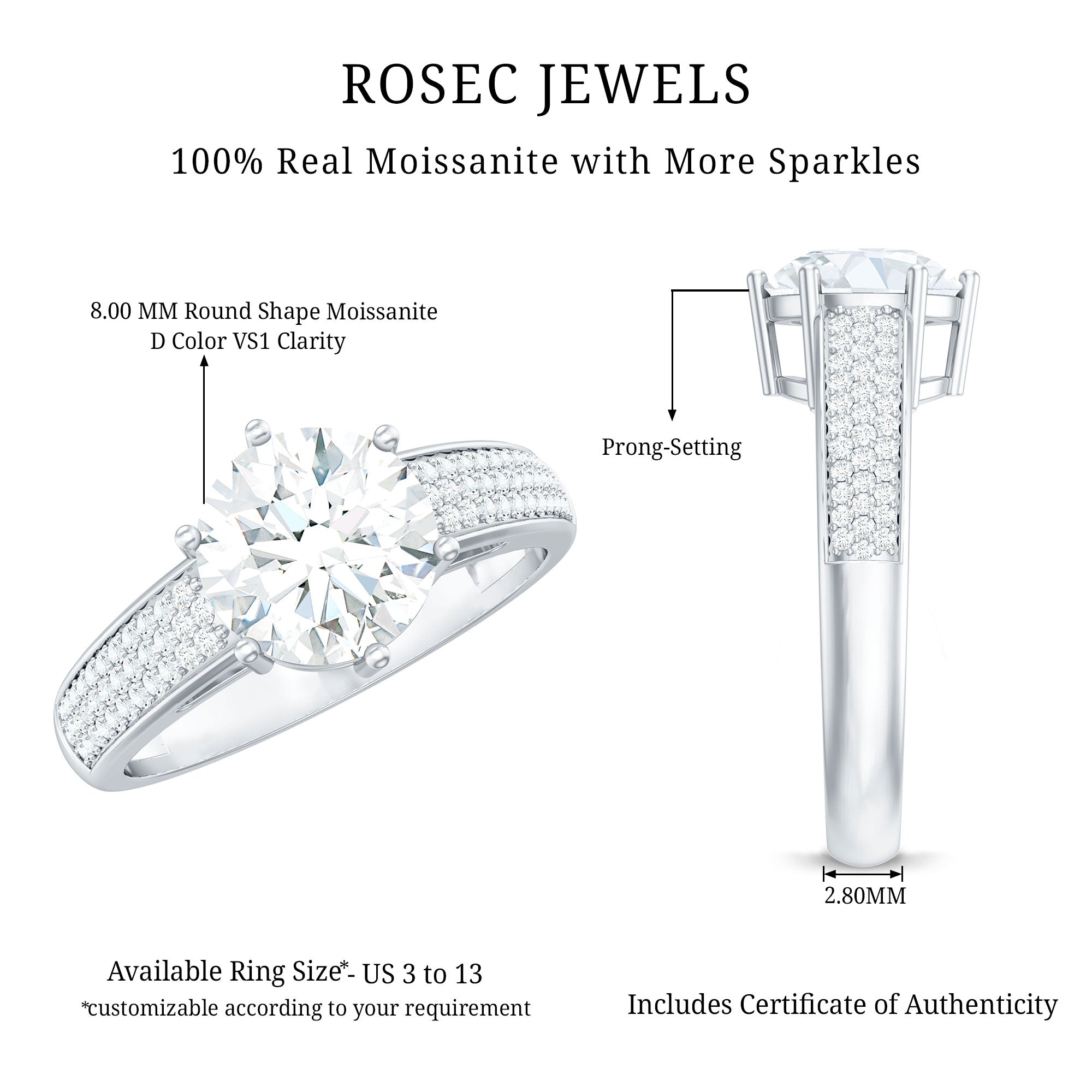 Certified Moissanite Side Stone Engagement Ring for Women D-VS1 - Rosec Jewels