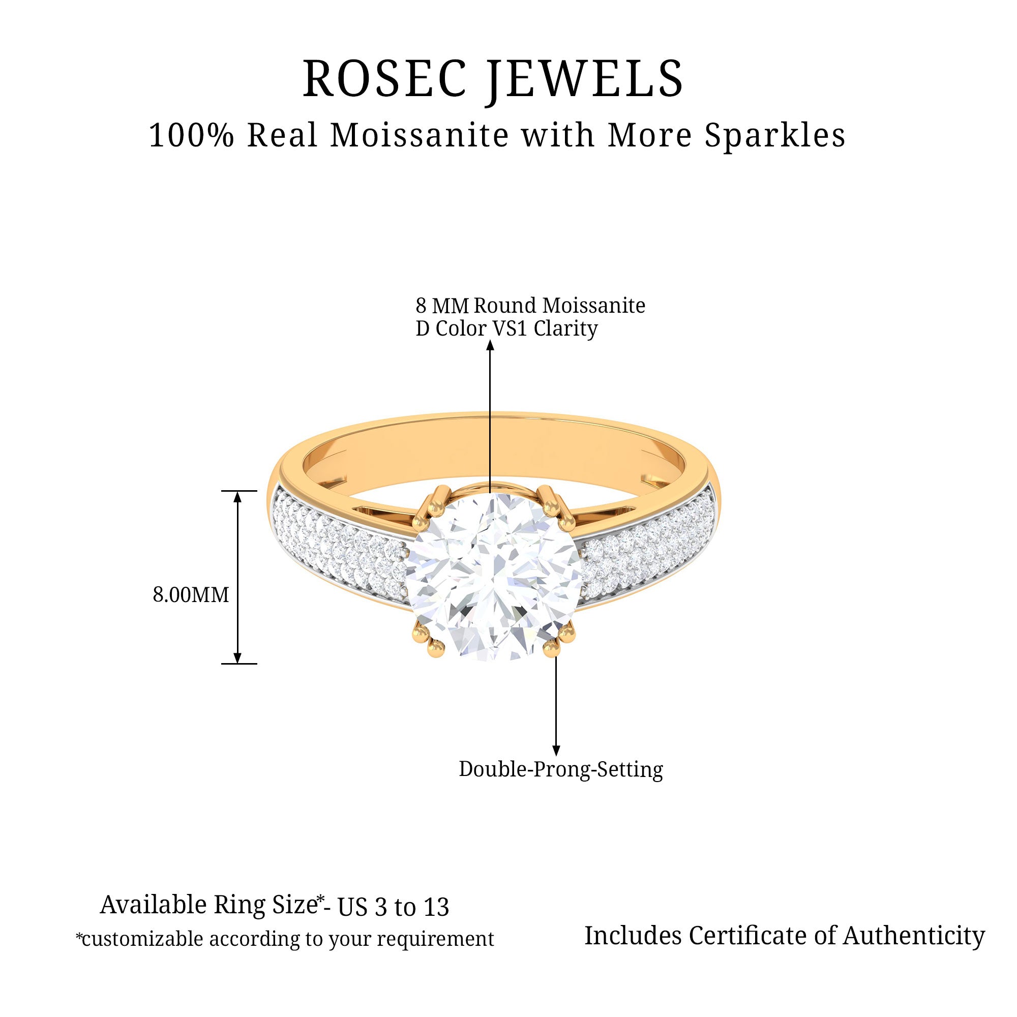 2.25 CT Round Moissanite Solitaire Ring with Pave Set Side Stones Moissanite - ( D-VS1 ) - Color and Clarity - Rosec Jewels