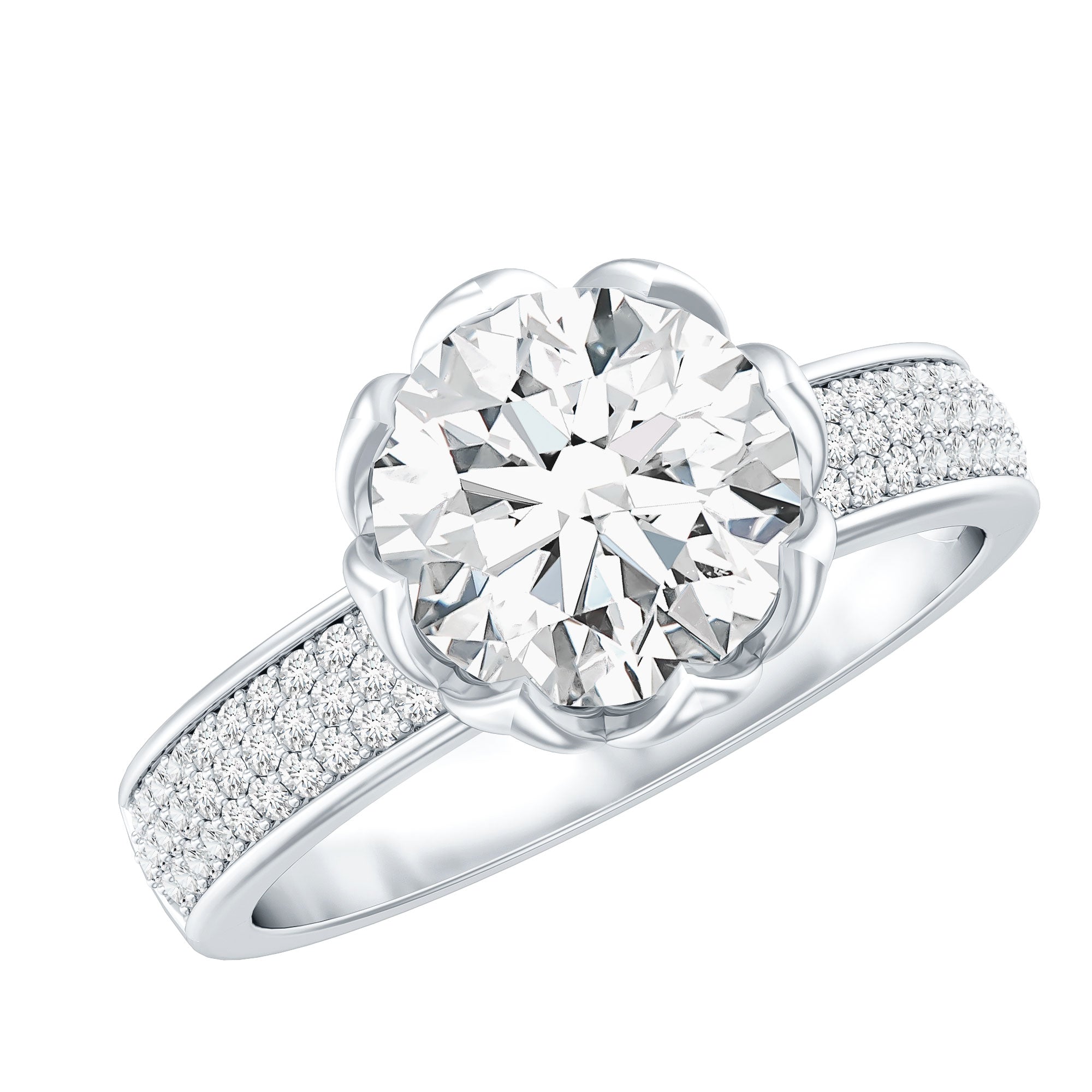 Rosec Jewels-Lotus Basket Set Moissanite Engagement Ring with Side Stones