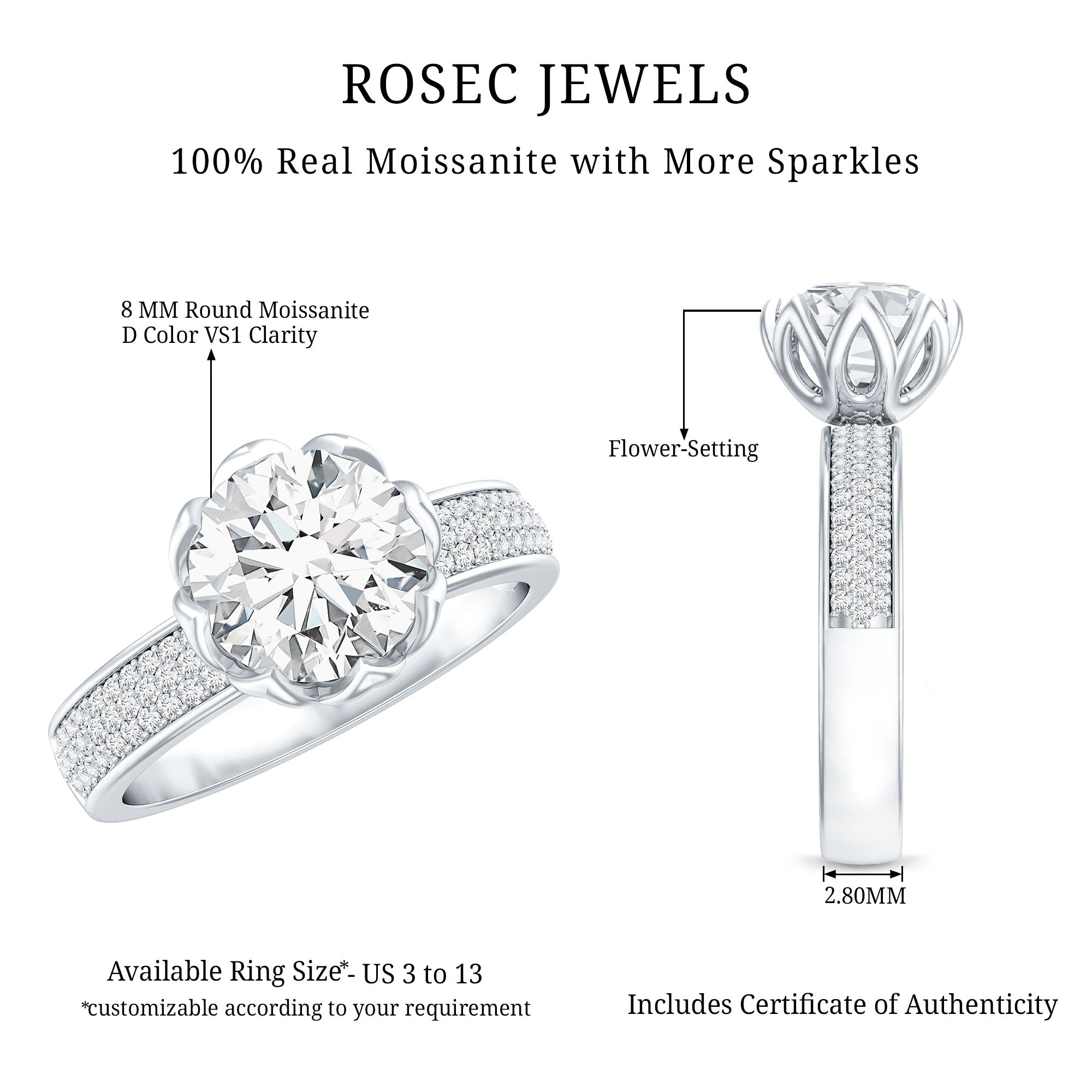 Rosec Jewels-Lotus Basket Set Moissanite Engagement Ring with Side Stones