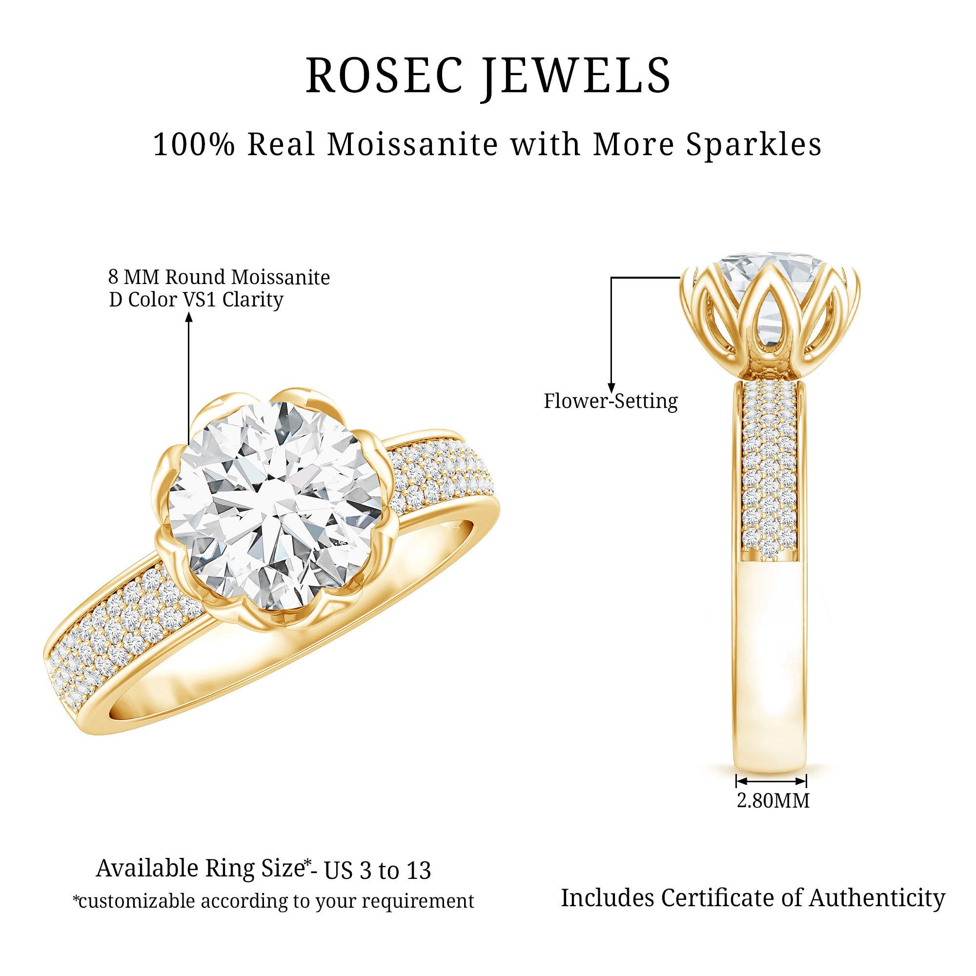 Rosec Jewels-Lotus Basket Set Moissanite Engagement Ring with Side Stones