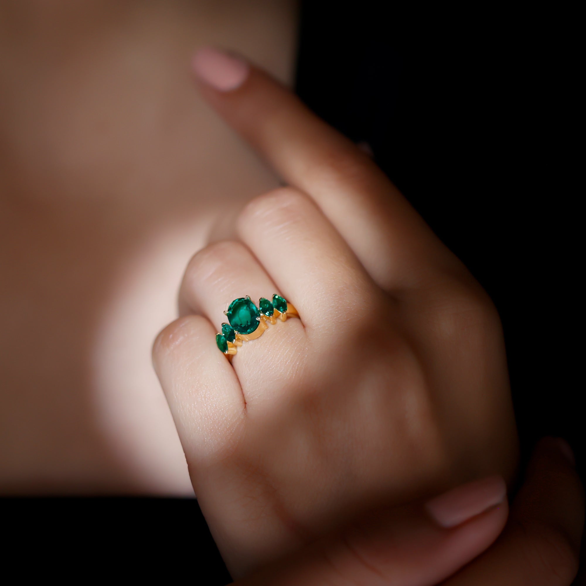 2 CT Oval and Marquise Cut Created Emerald Five Stone Ring Lab Created Emerald - ( AAAA ) - Quality - Rosec Jewels