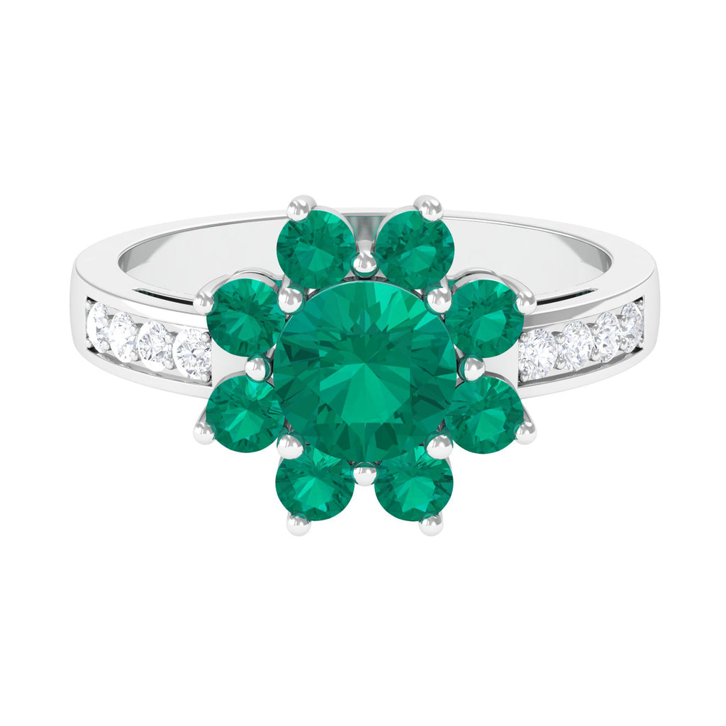 Round Shape Created Emerald Cluster Engagement Ring with Moissanite Lab Created Emerald - ( AAAA ) - Quality - Rosec Jewels