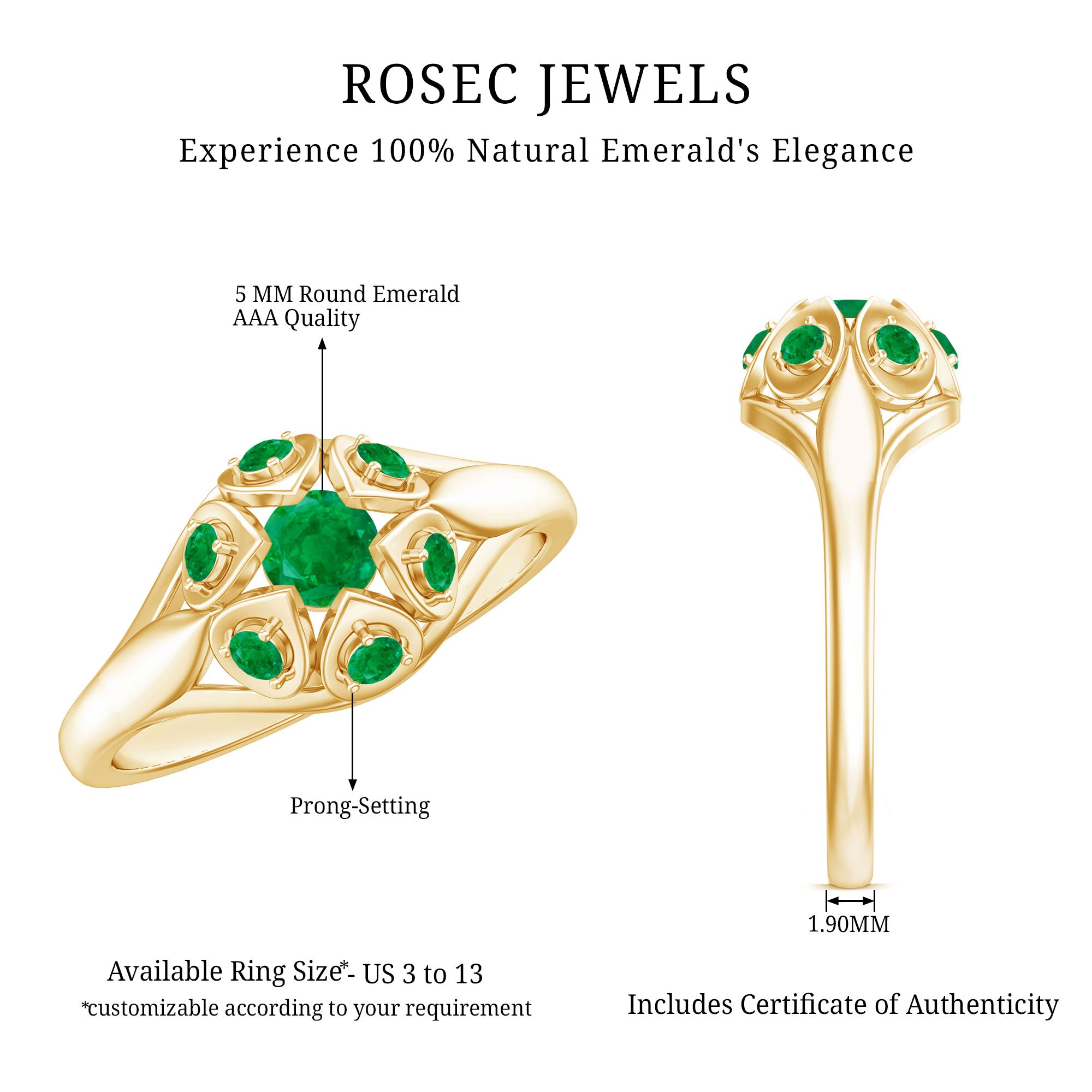 Rosec Jewels-Vintage Inspired Emerald Flower Engagement Ring