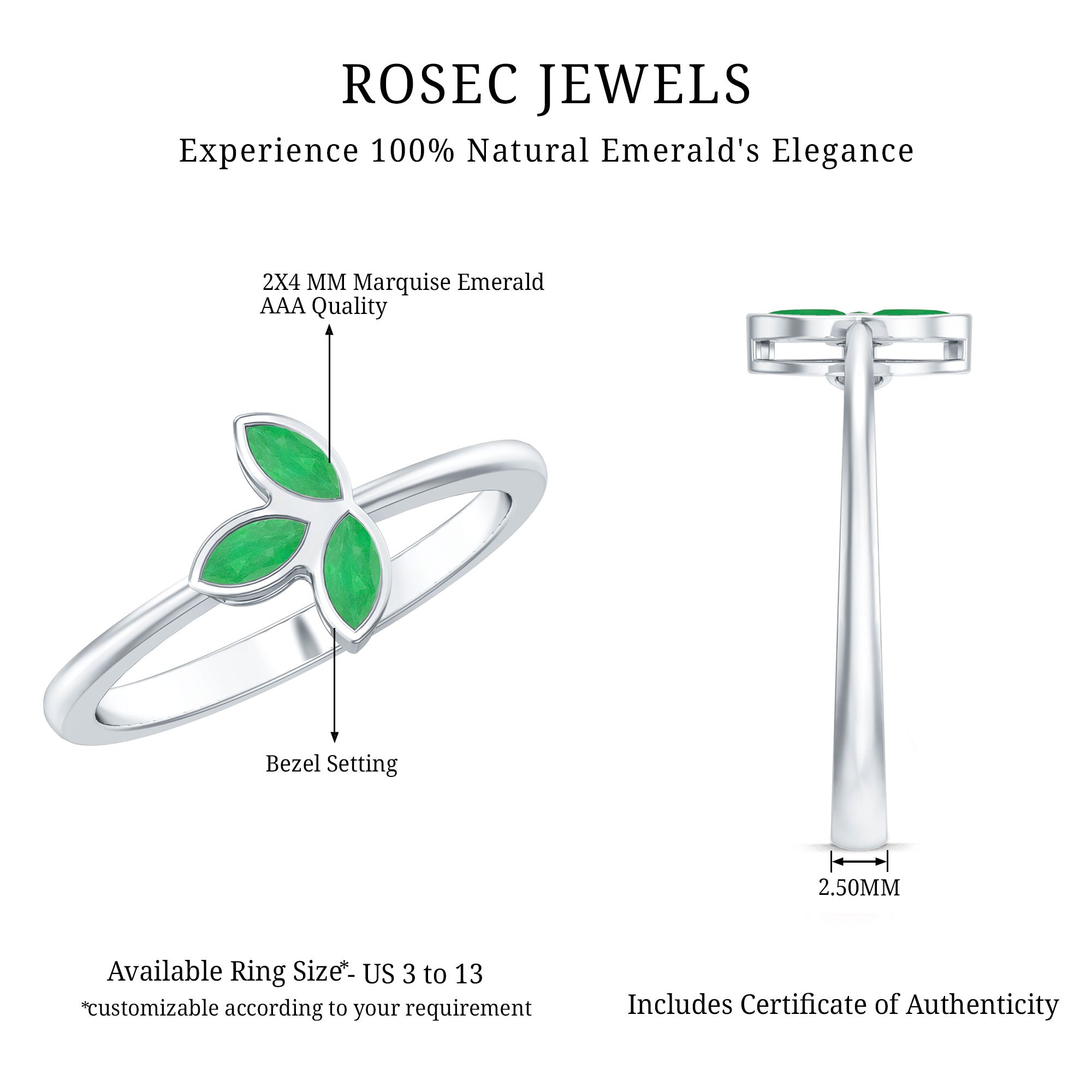 Rosec Jewels-Marquise Cut Emerald Leaf Promise Ring in Bezel Setting