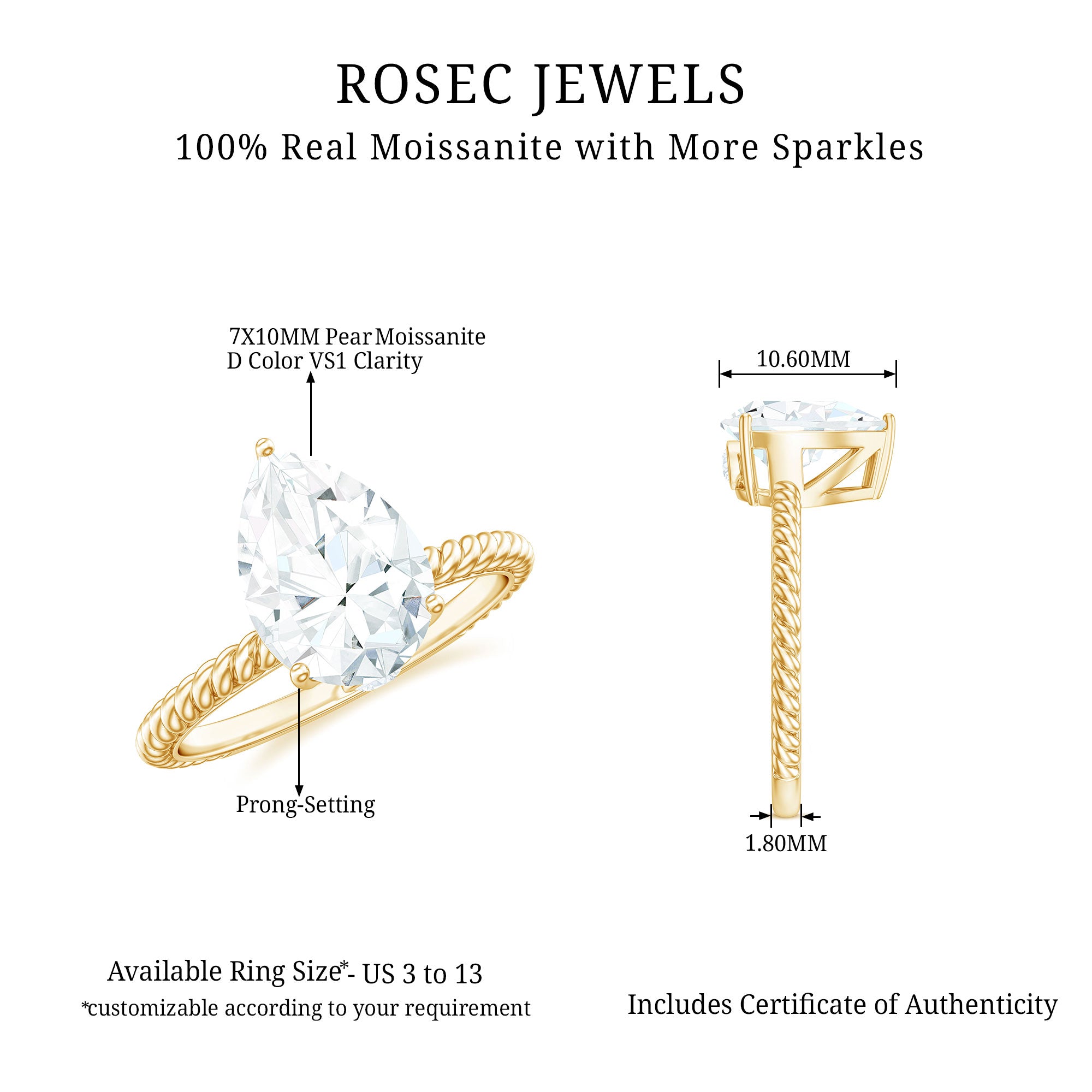 Pear Shaped Moissanite Solitaire Ring with Gold Twisted Rope Moissanite - ( D-VS1 ) - Color and Clarity - Rosec Jewels