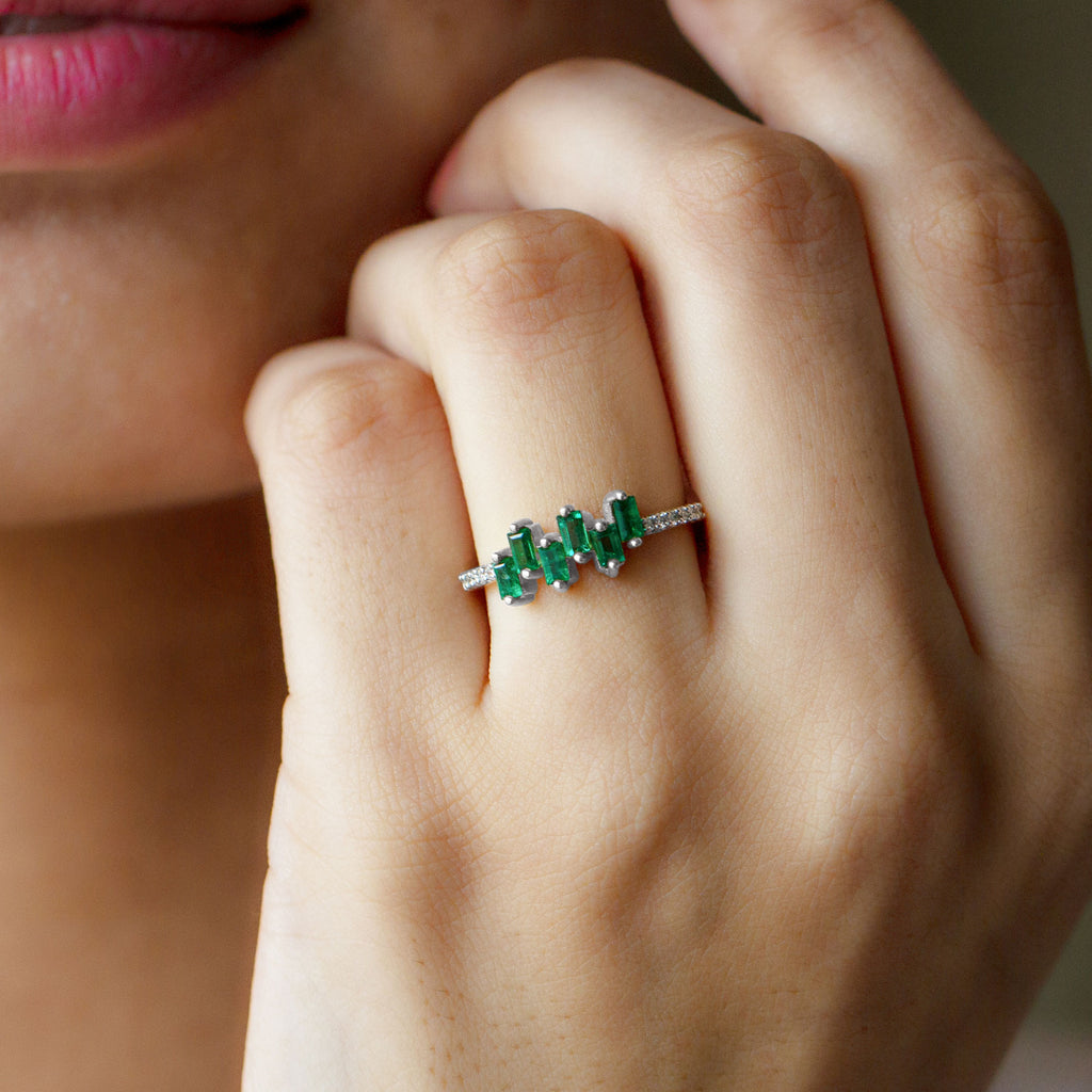 0.50 CT Baguette shape Emerald Promise Ring with Diamond Side Stones Emerald - ( AAA ) - Quality - Rosec Jewels