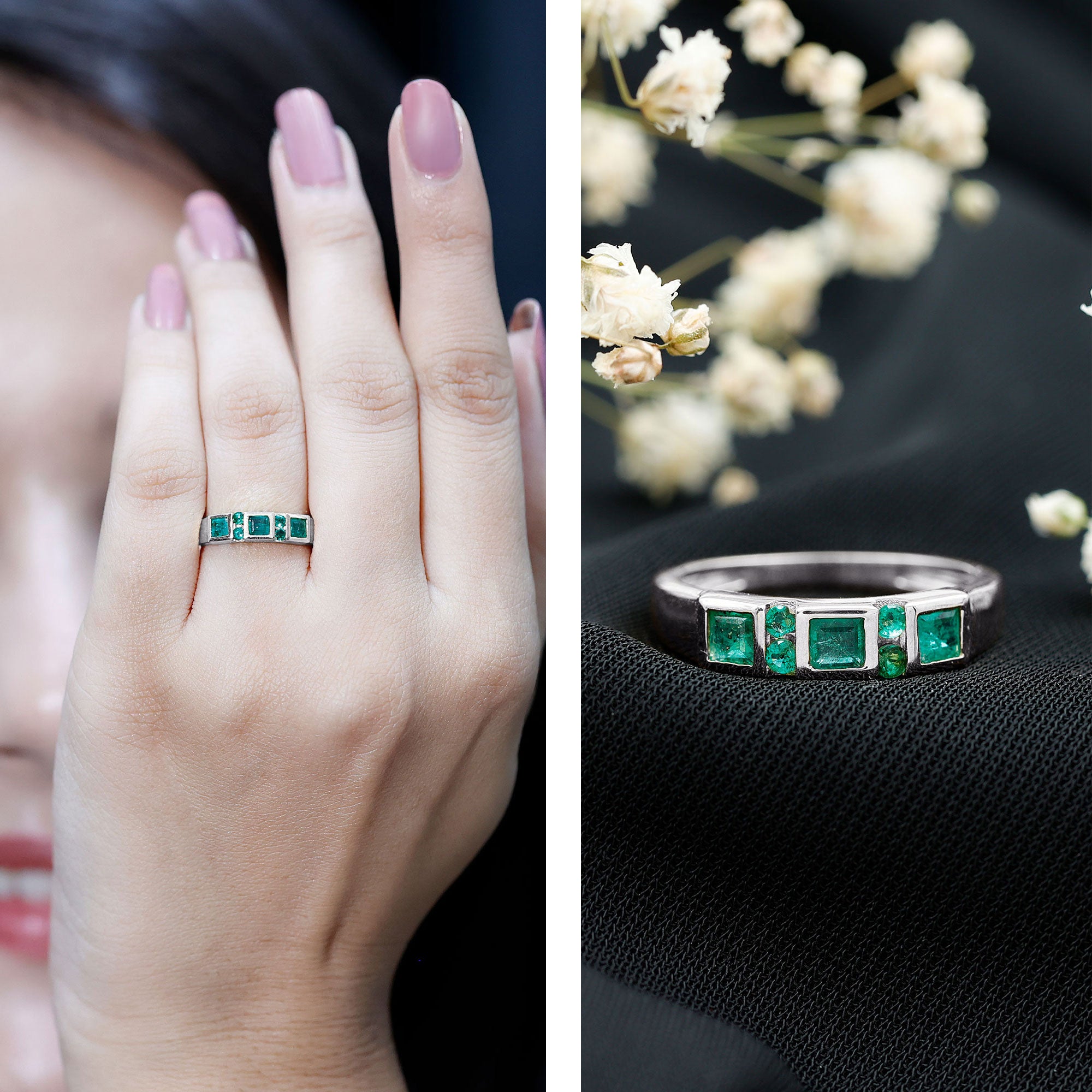 Natural Emerald Princess Cut Band Ring AAA - Rosec Jewels