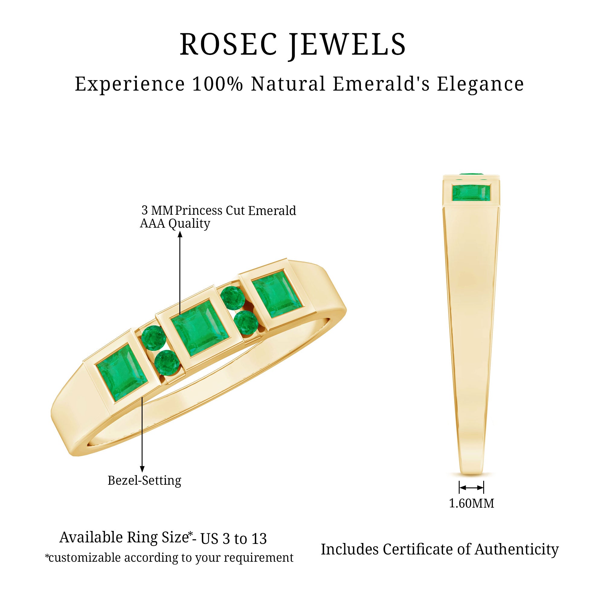 Natural Emerald Princess Cut Band Ring AAA - Rosec Jewels