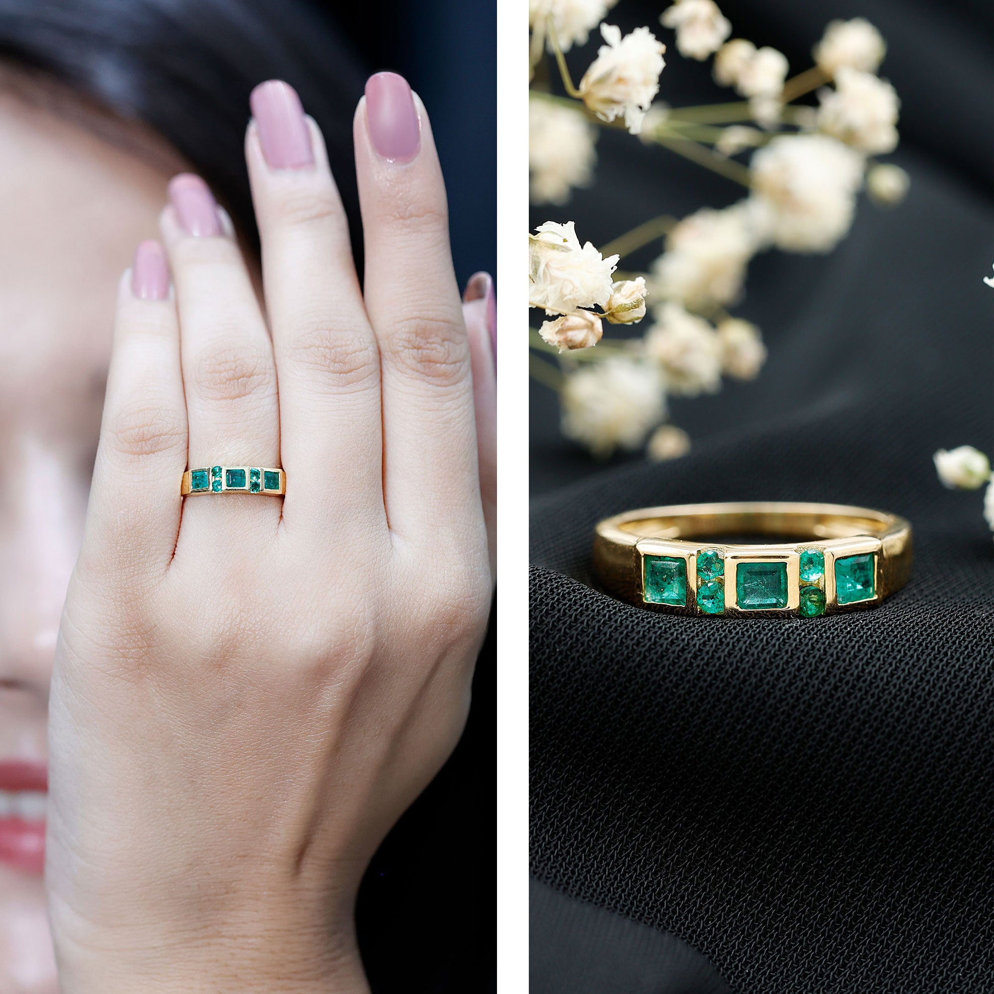 Natural Emerald Princess Cut Band Ring AAA - Rosec Jewels