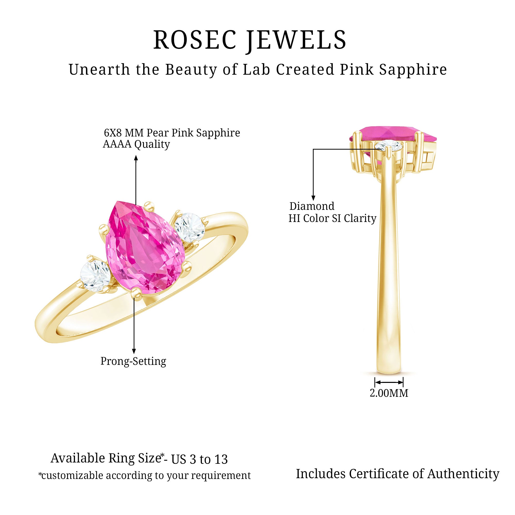 1 CT Lab Grown Pink Sapphire Teardrop Engagement Ring with Diamond AAAA - Rosec Jewels