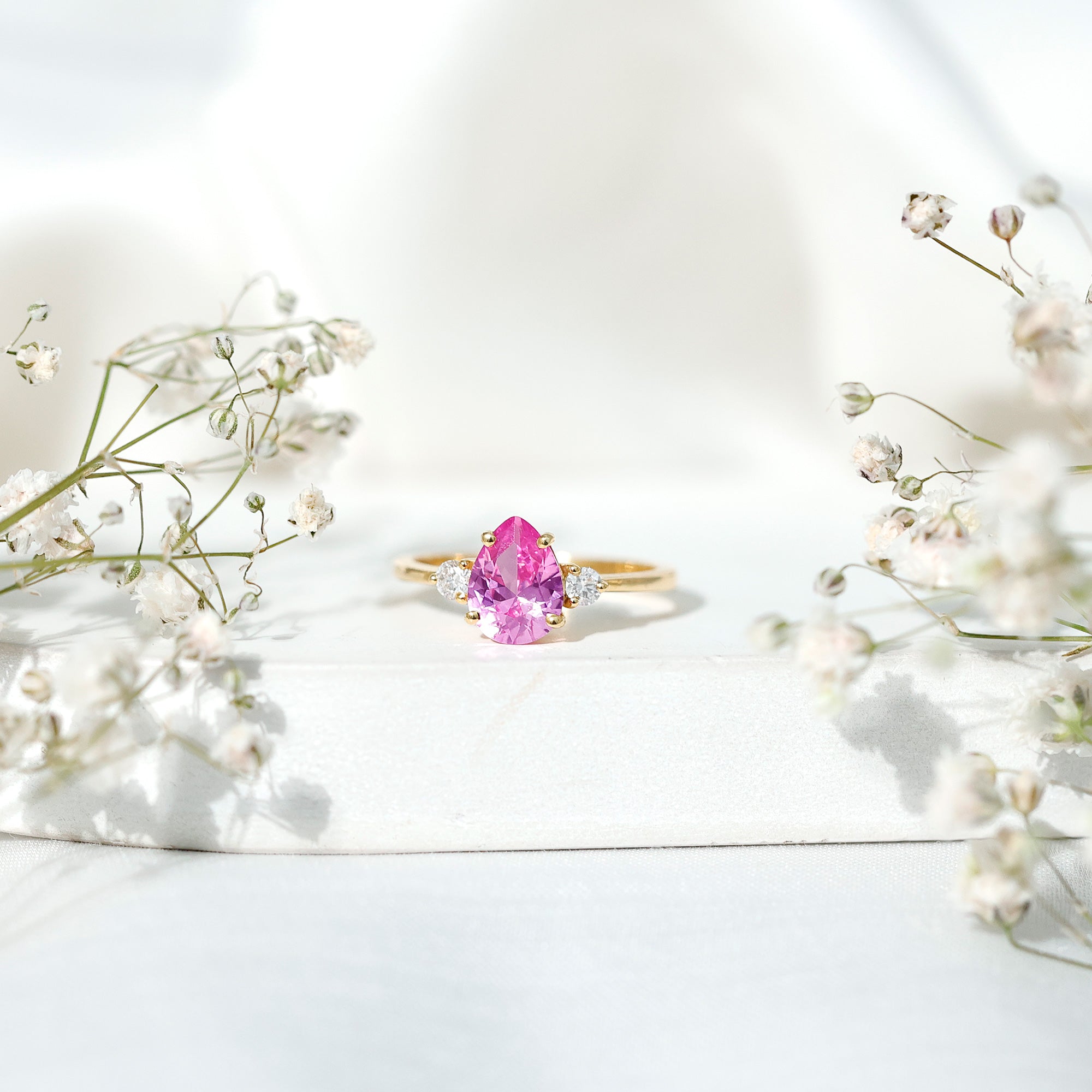 1 CT Lab Grown Pink Sapphire Teardrop Engagement Ring with Diamond AAAA - Rosec Jewels