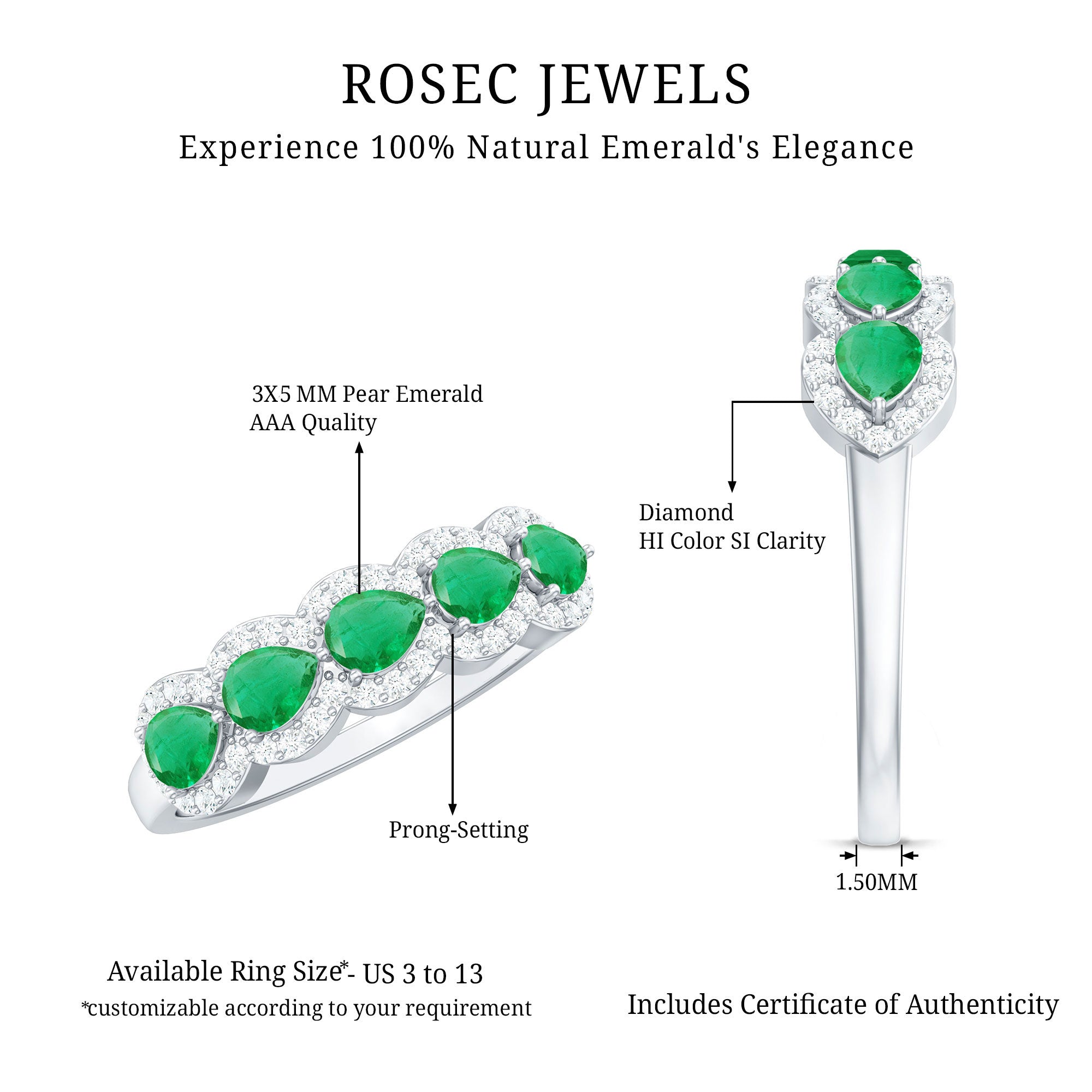 Rosec Jewels-Pear Shape Emerald Anniversary Wedding Ring with Diamond Accent