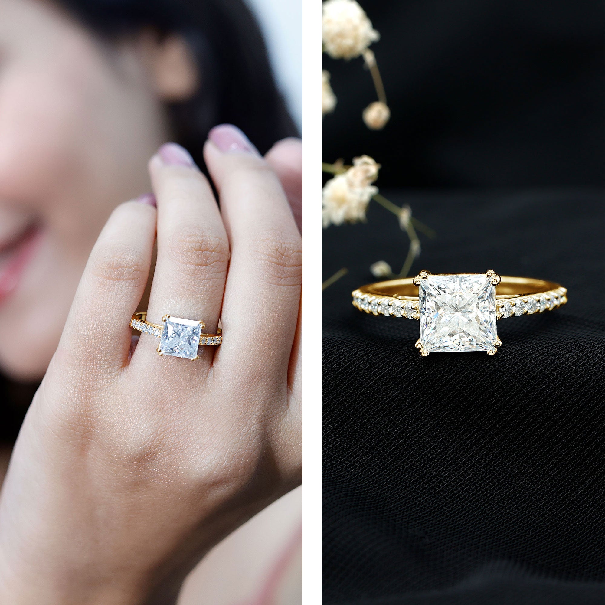 3 Carat Moissanite Princess Cut Engagement Ring With Double Prongs D-VS1 - Rosec Jewels