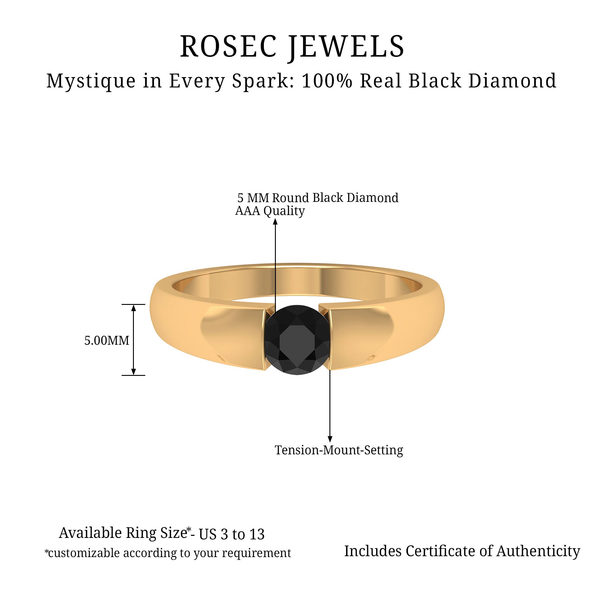 5 MM Round Cut Black Diamond Solitaire Band in Tension Mount Setting Black Diamond - ( AAA ) - Quality - Rosec Jewels