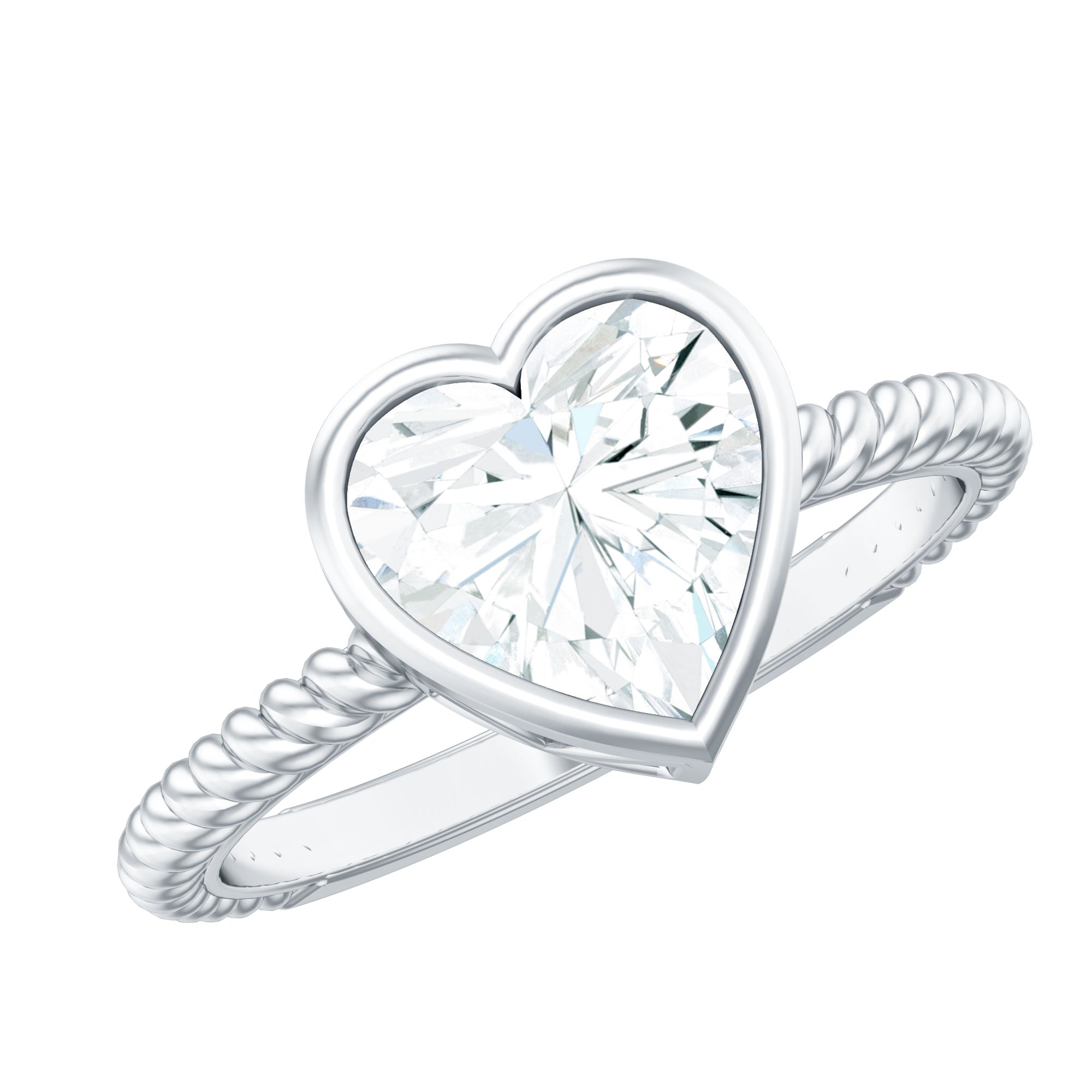 Bezel Set Moissanite Heart Engagement Ring with Twisted Rope Band D-VS1 - Rosec Jewels