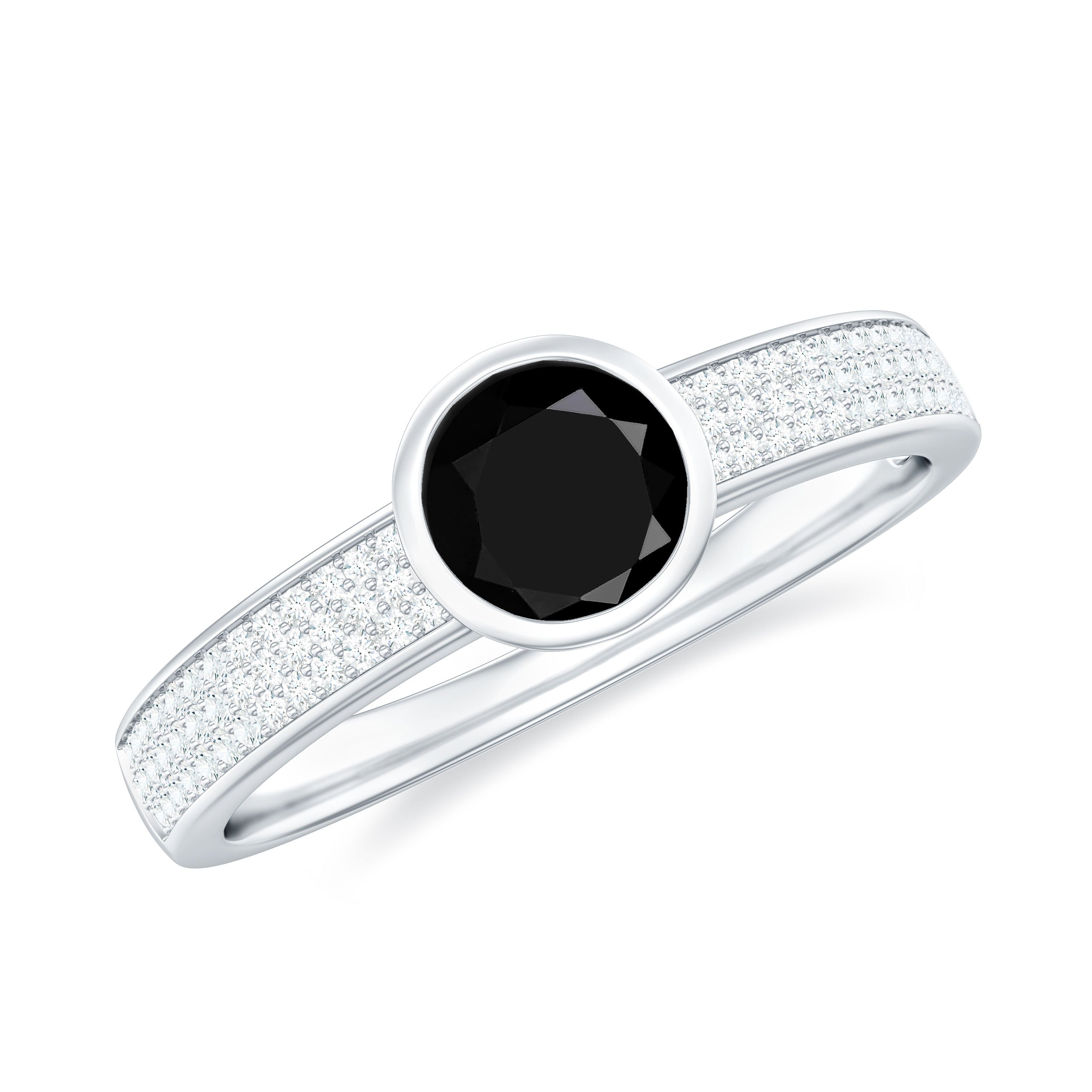 Rosec Jewels-Natural Black Spinel Bezel Set Engagement Ring with Diamond Side Stones