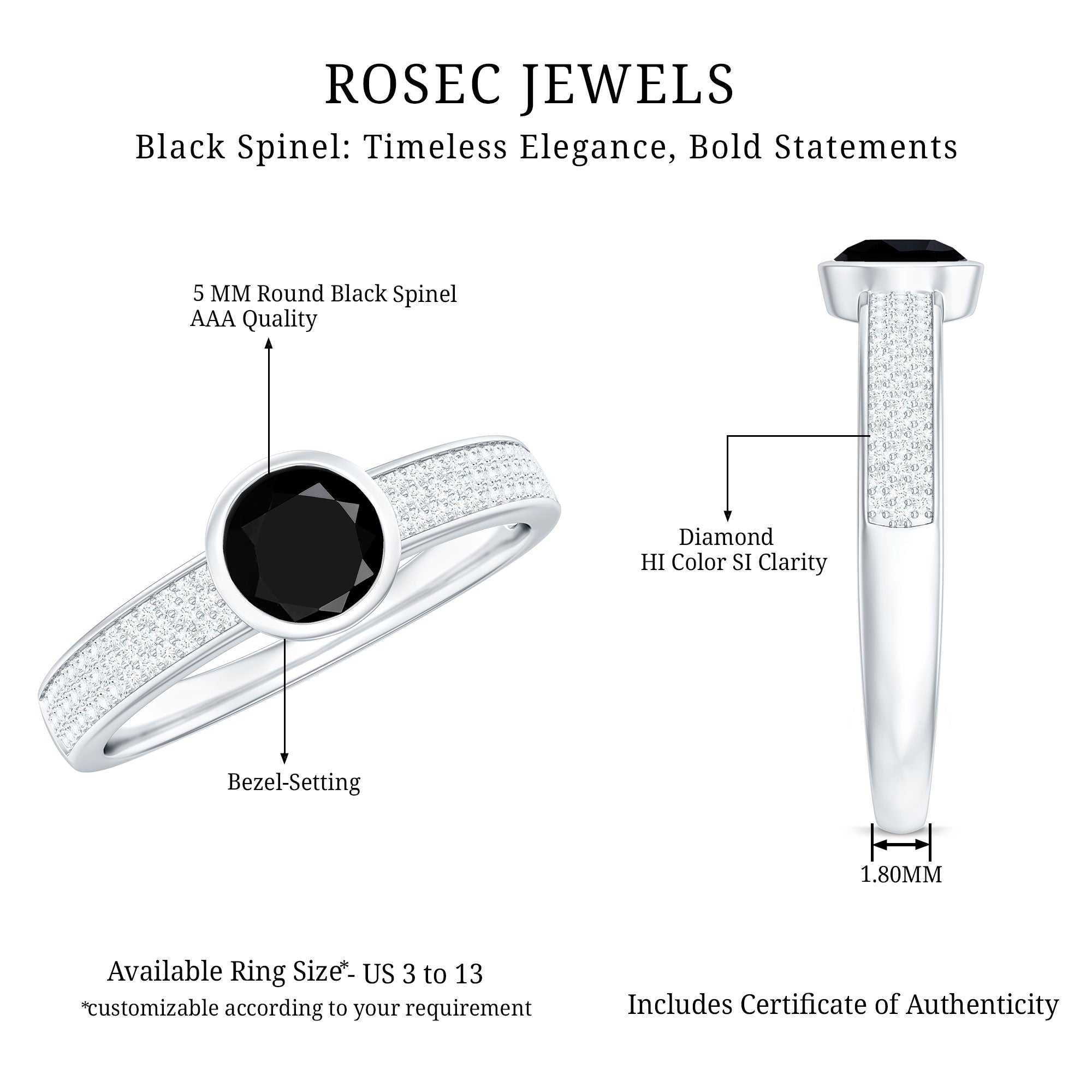 Rosec Jewels-Natural Black Spinel Bezel Set Engagement Ring with Diamond Side Stones
