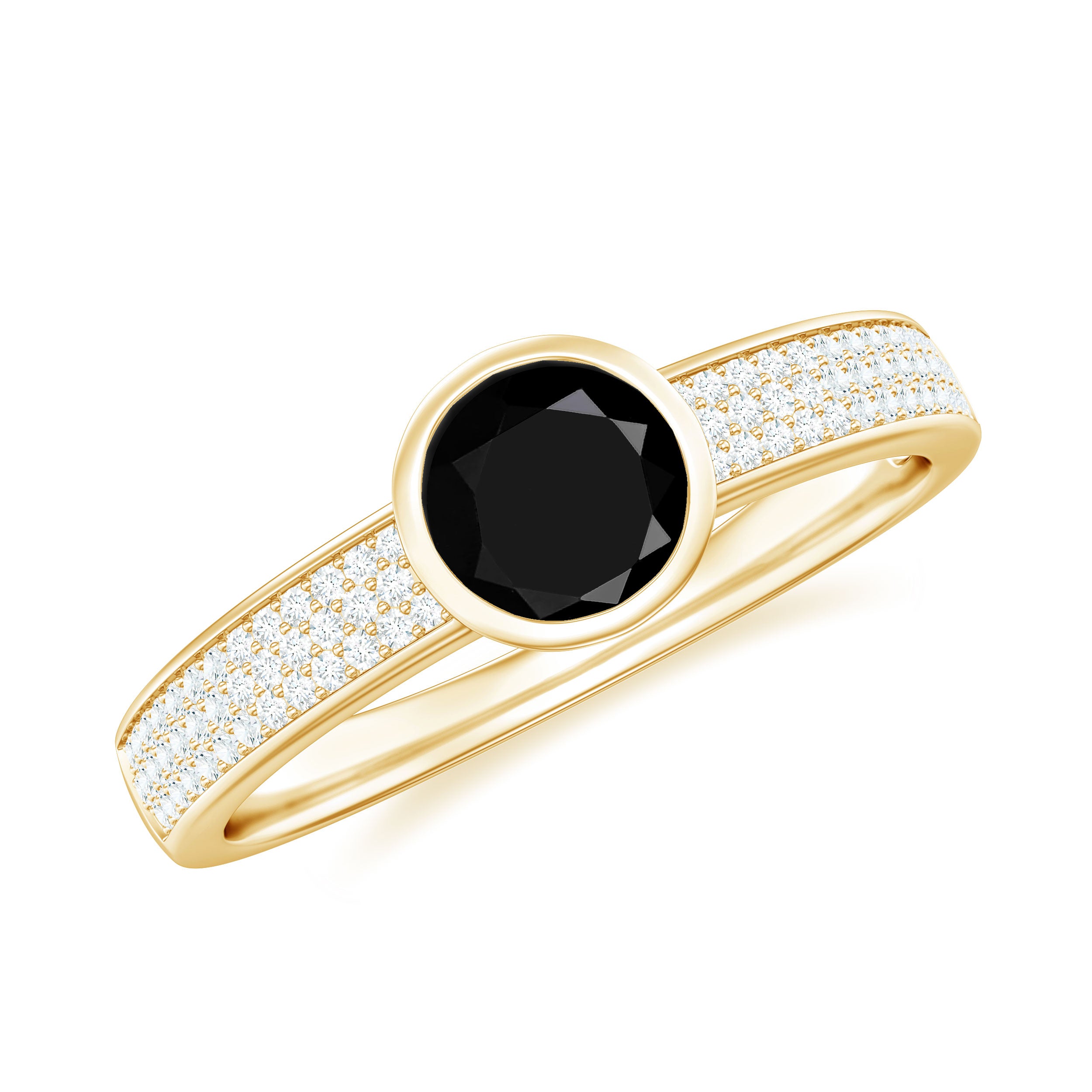Rosec Jewels-Natural Black Spinel Bezel Set Engagement Ring with Diamond Side Stones