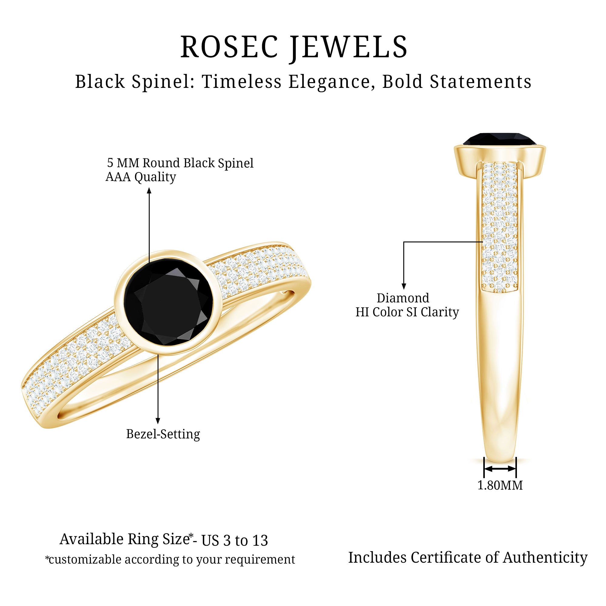 Rosec Jewels-Natural Black Spinel Bezel Set Engagement Ring with Diamond Side Stones