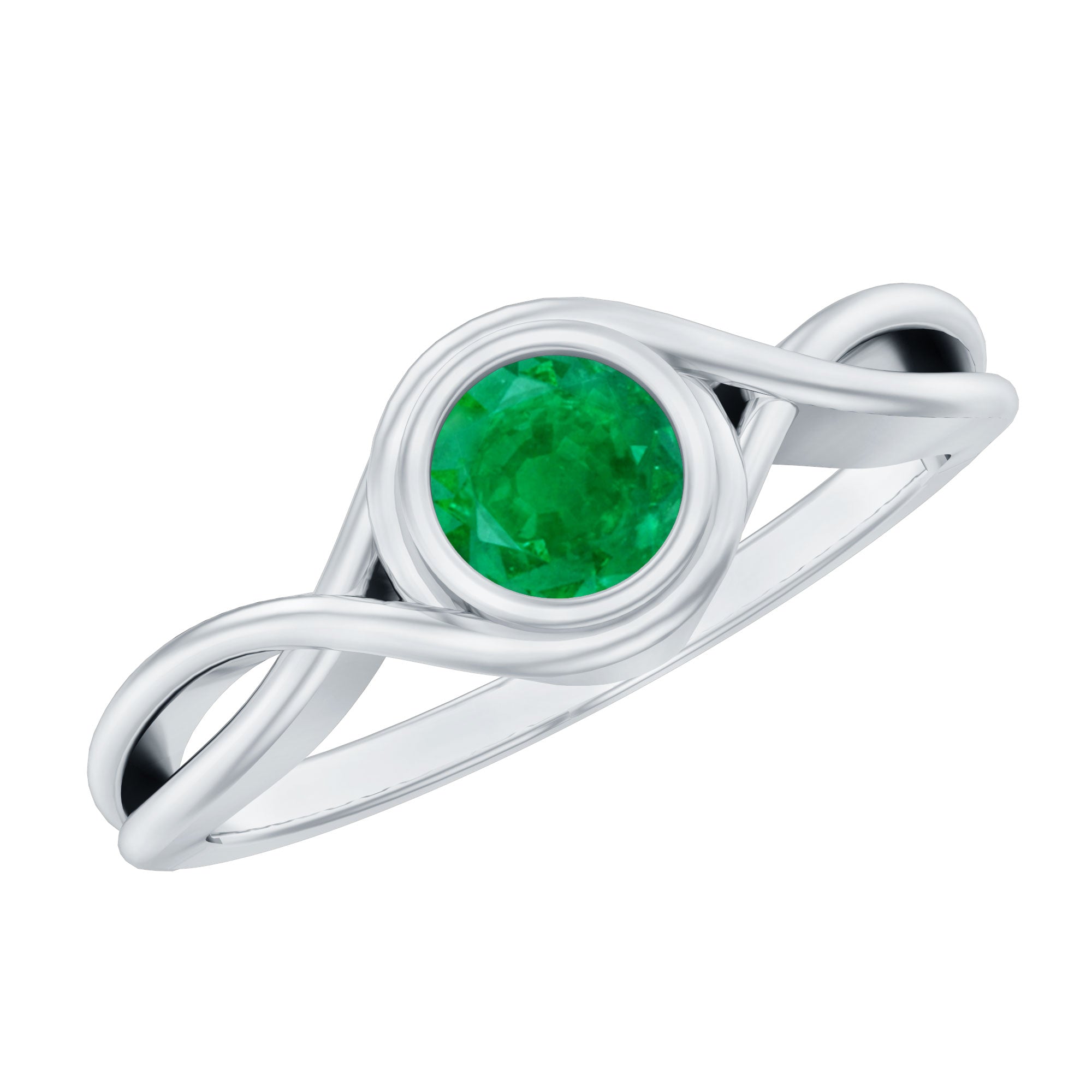 Round Cut Emerald Solitaire Ring with Crossover Band