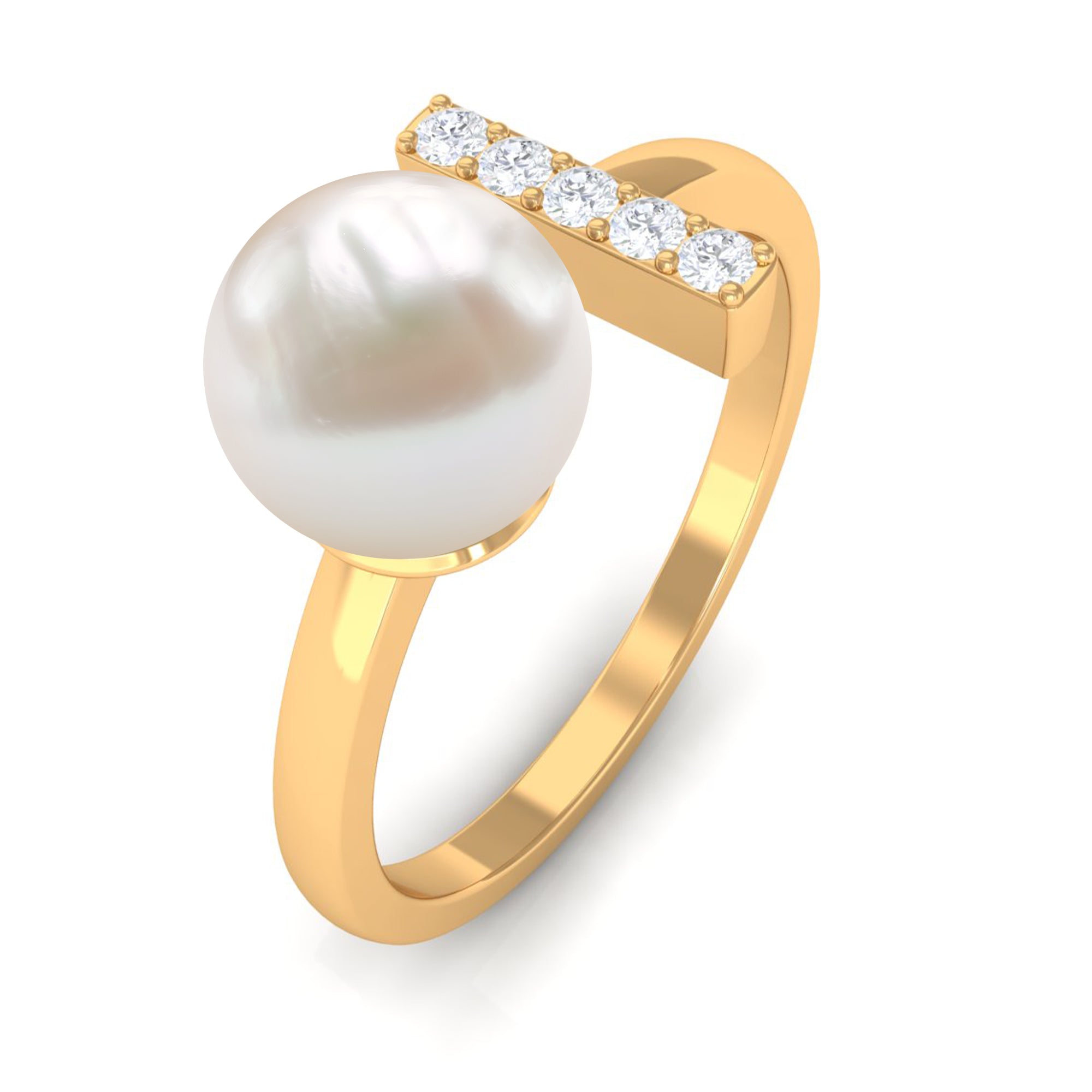 Cultured 3 Carat Freshwater Pearl Cuff Ring with Diamond AAA - Rosec Jewels