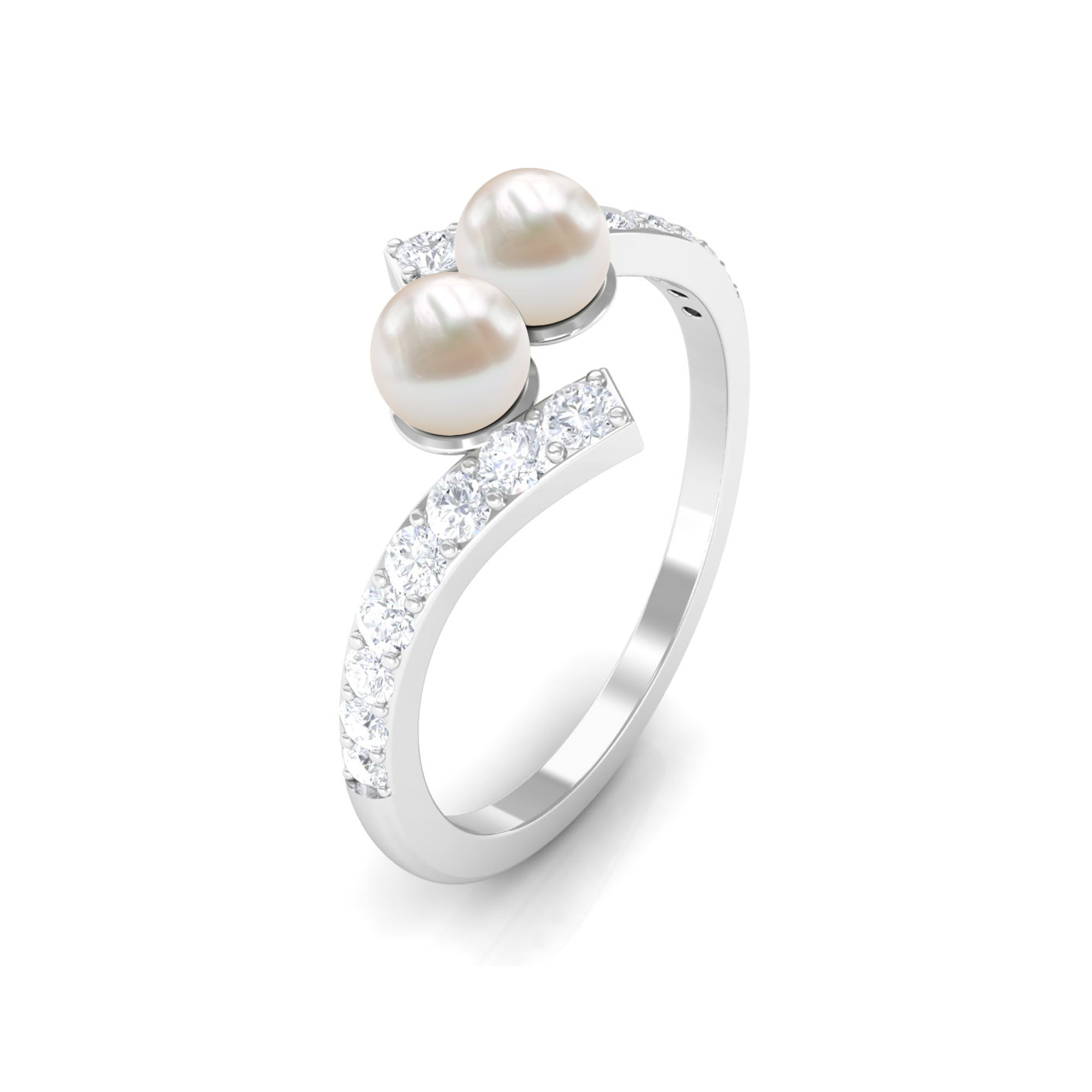 Rosec Jewels-Freshwater Pearl 2 Stone Engagement Ring Diamond Bypass Shank