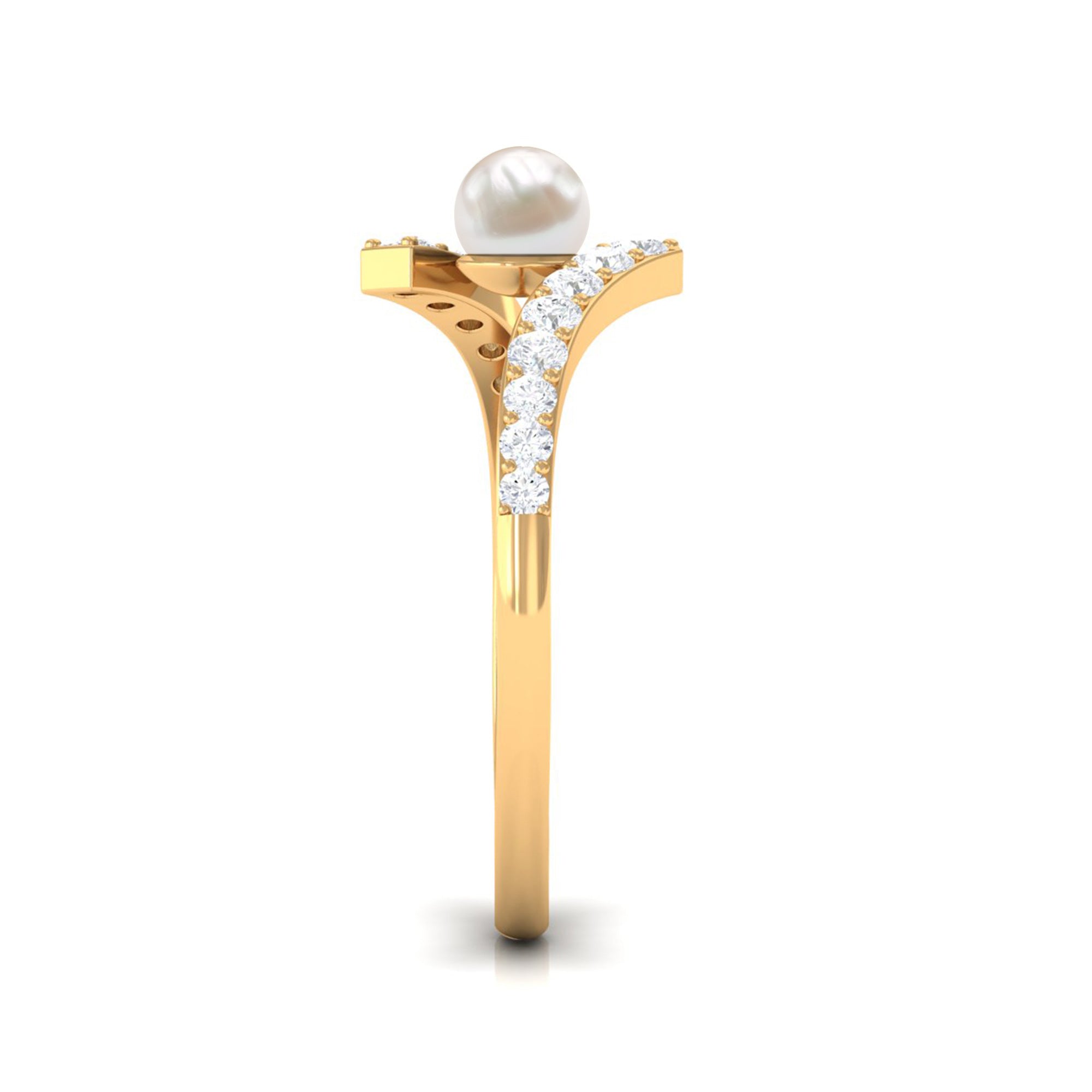 Rosec Jewels-Freshwater Pearl 2 Stone Engagement Ring Diamond Bypass Shank