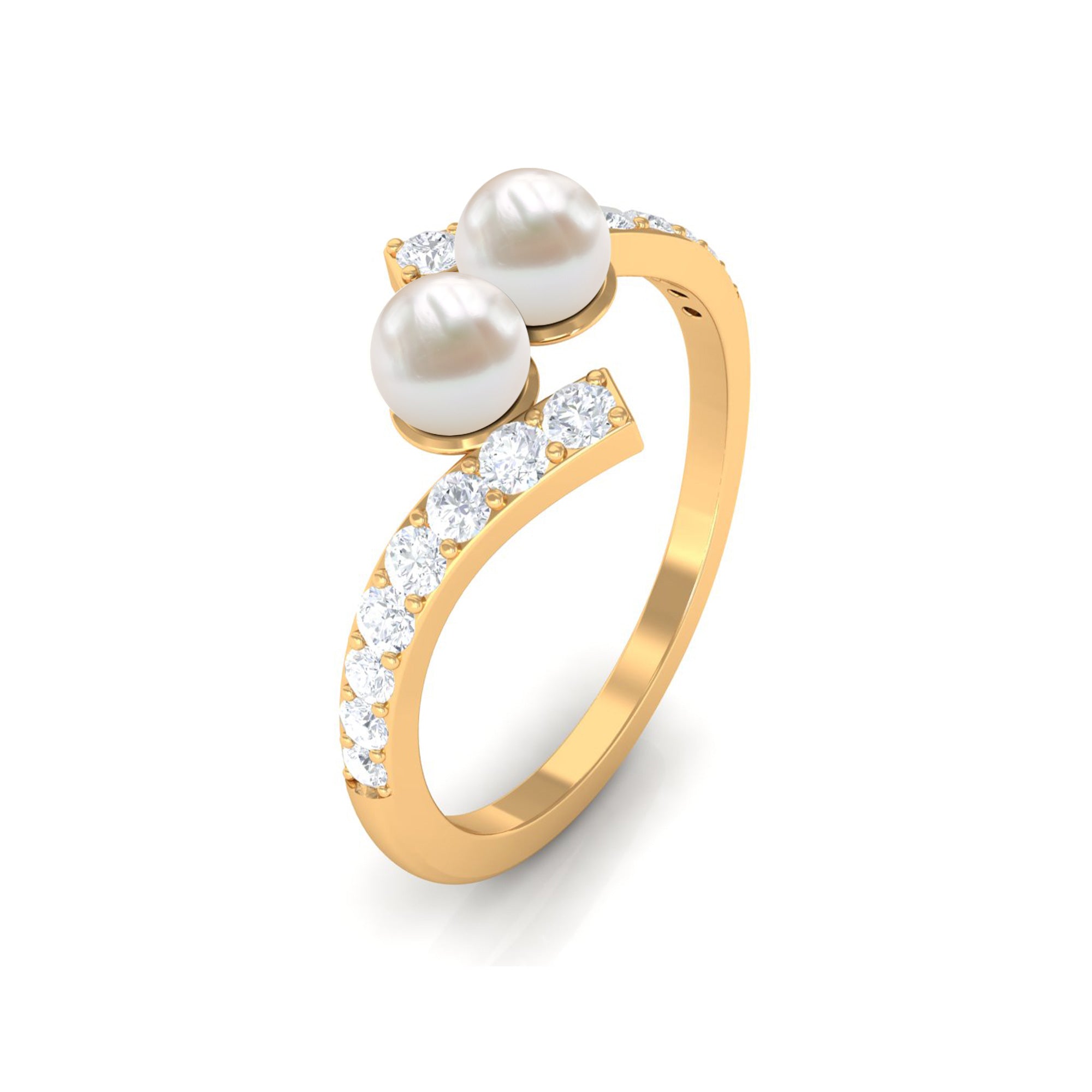 Rosec Jewels-Freshwater Pearl 2 Stone Engagement Ring Diamond Bypass Shank