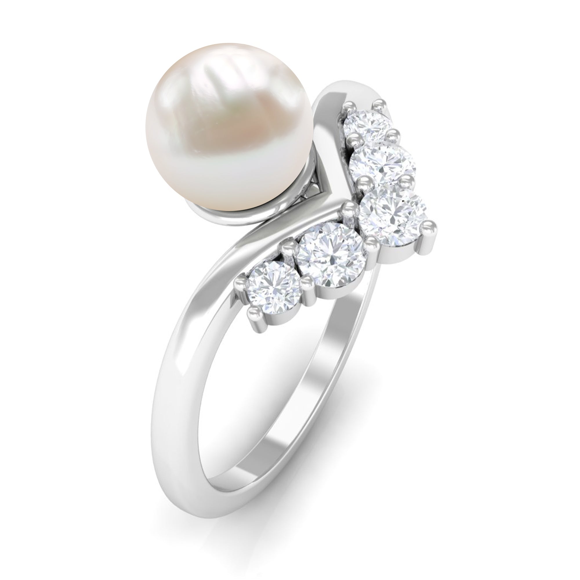 Cultured 2 Carat Freshwater Pearl Chevron Engagement Ring with Diamond AAA - Rosec Jewels