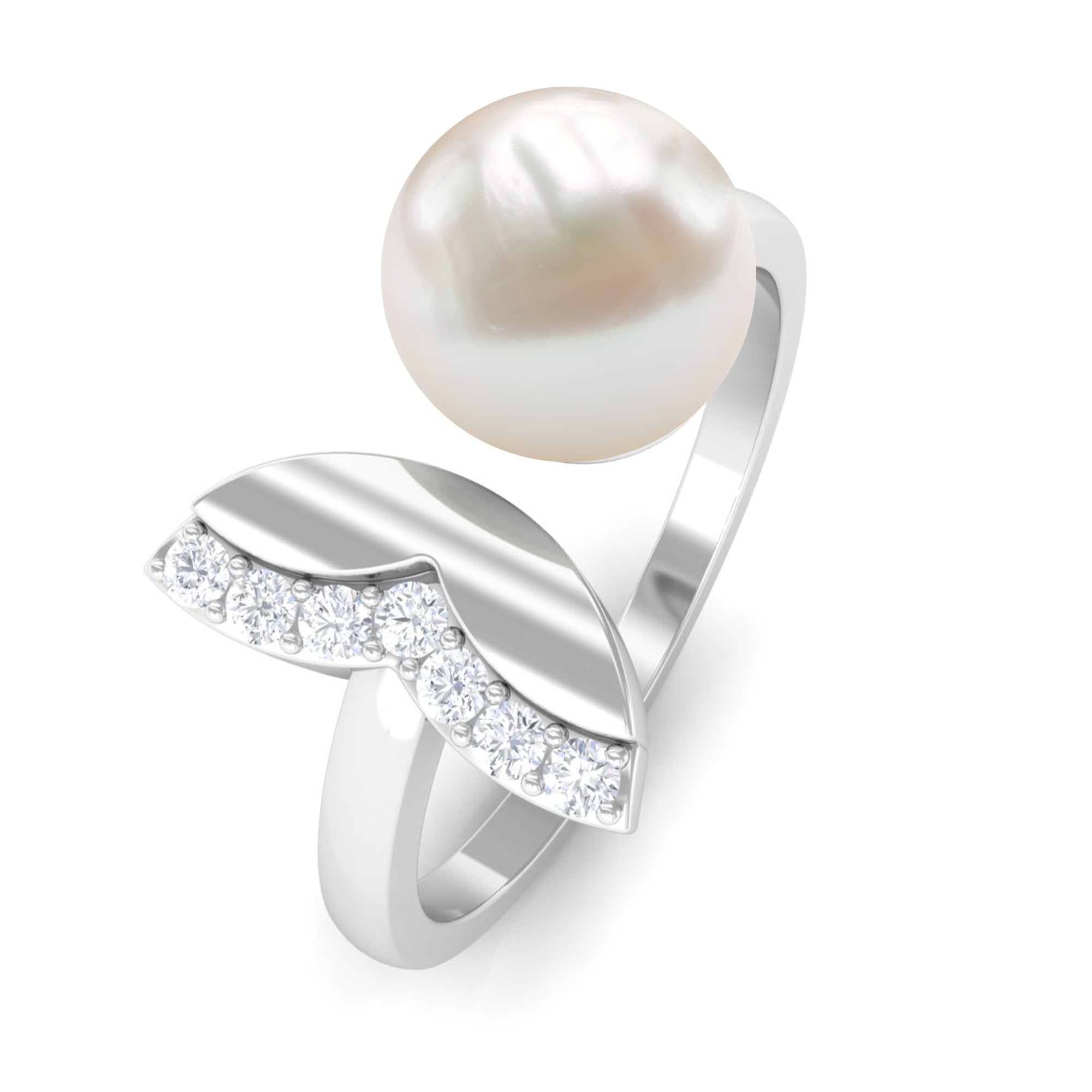 Rosec Jewels-Natural 3 Carat Freshwater Pearl Cuff Ring with Diamond