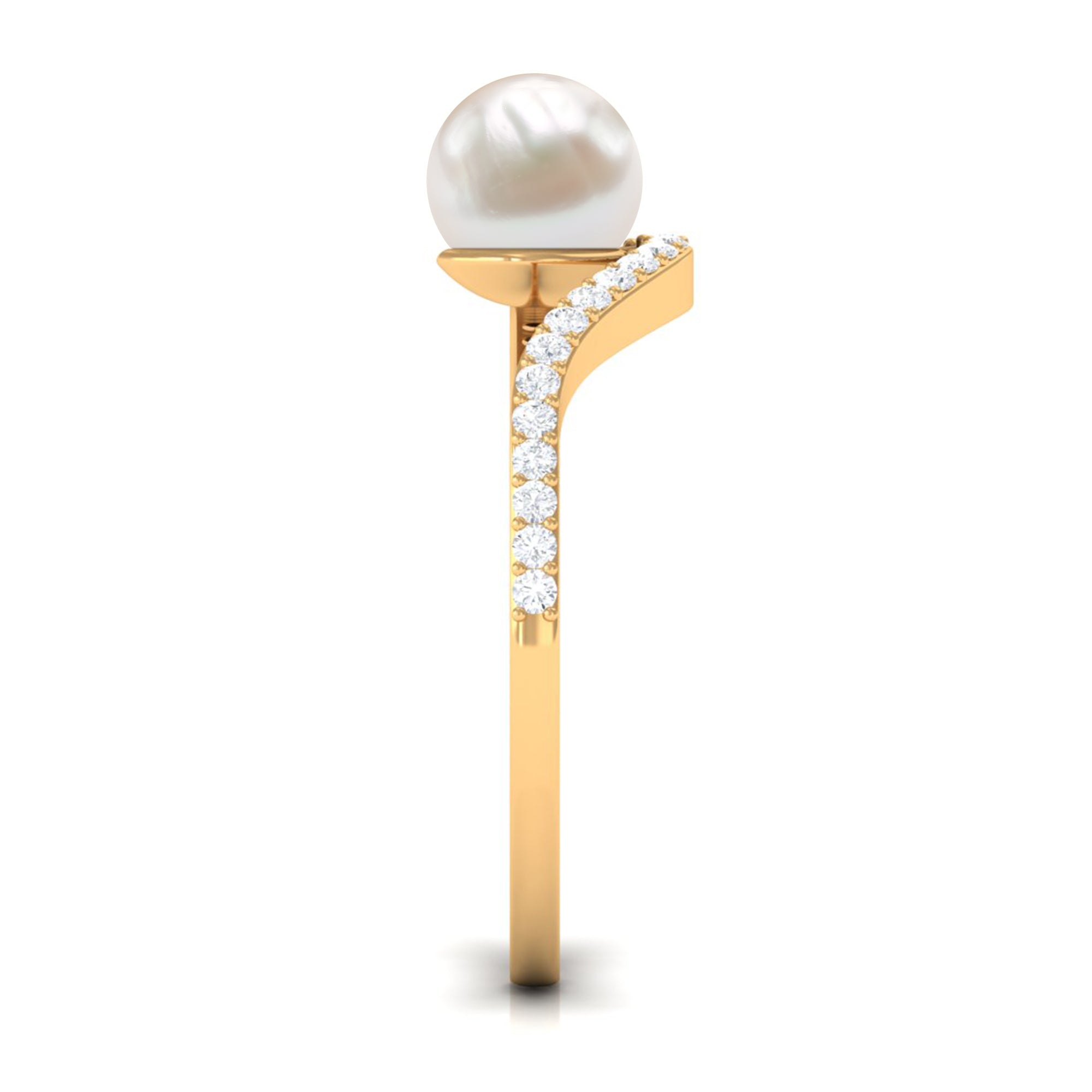 Cultured 2 Carat White Pearl Engagement Ring with Diamond Bypass Shank AAA - Rosec Jewels