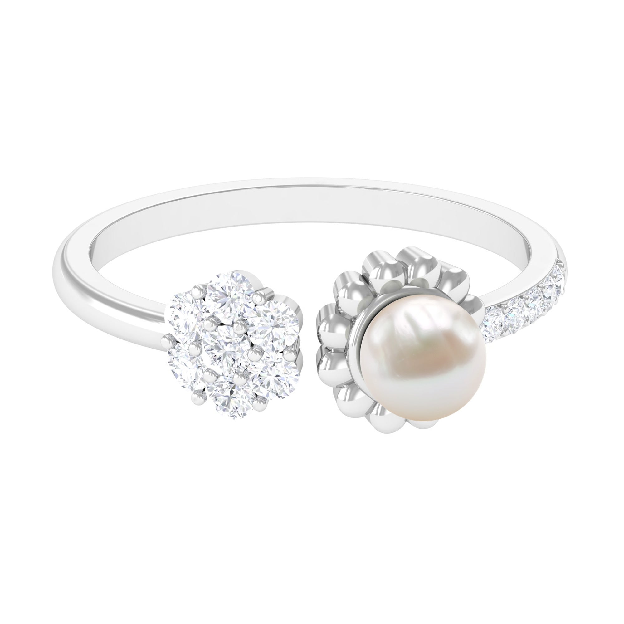 Rosec Jewels-Natural 2 Carat Freshwater Pearl Diamond Flower Cuff Ring