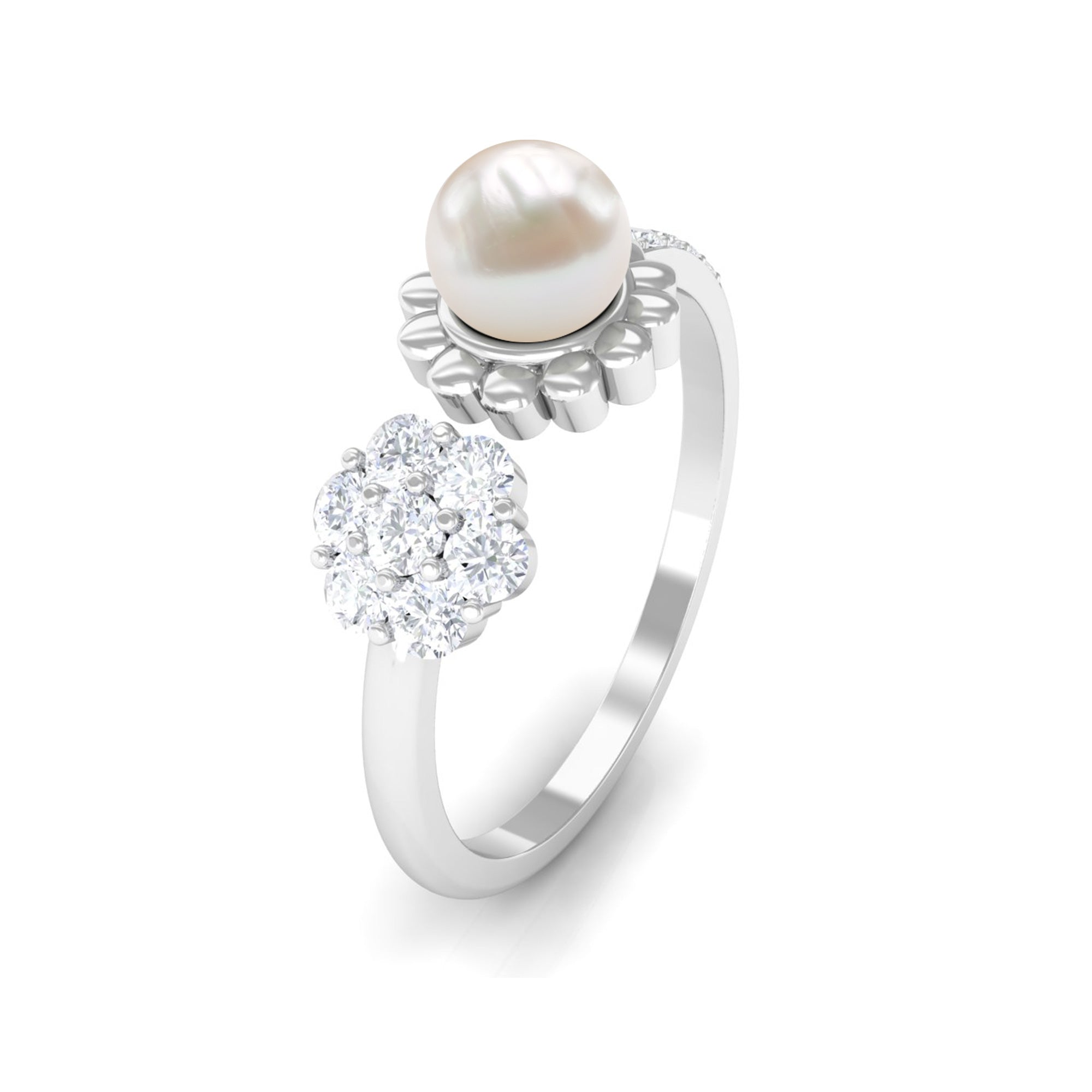 Rosec Jewels-Natural 2 Carat Freshwater Pearl Diamond Flower Cuff Ring